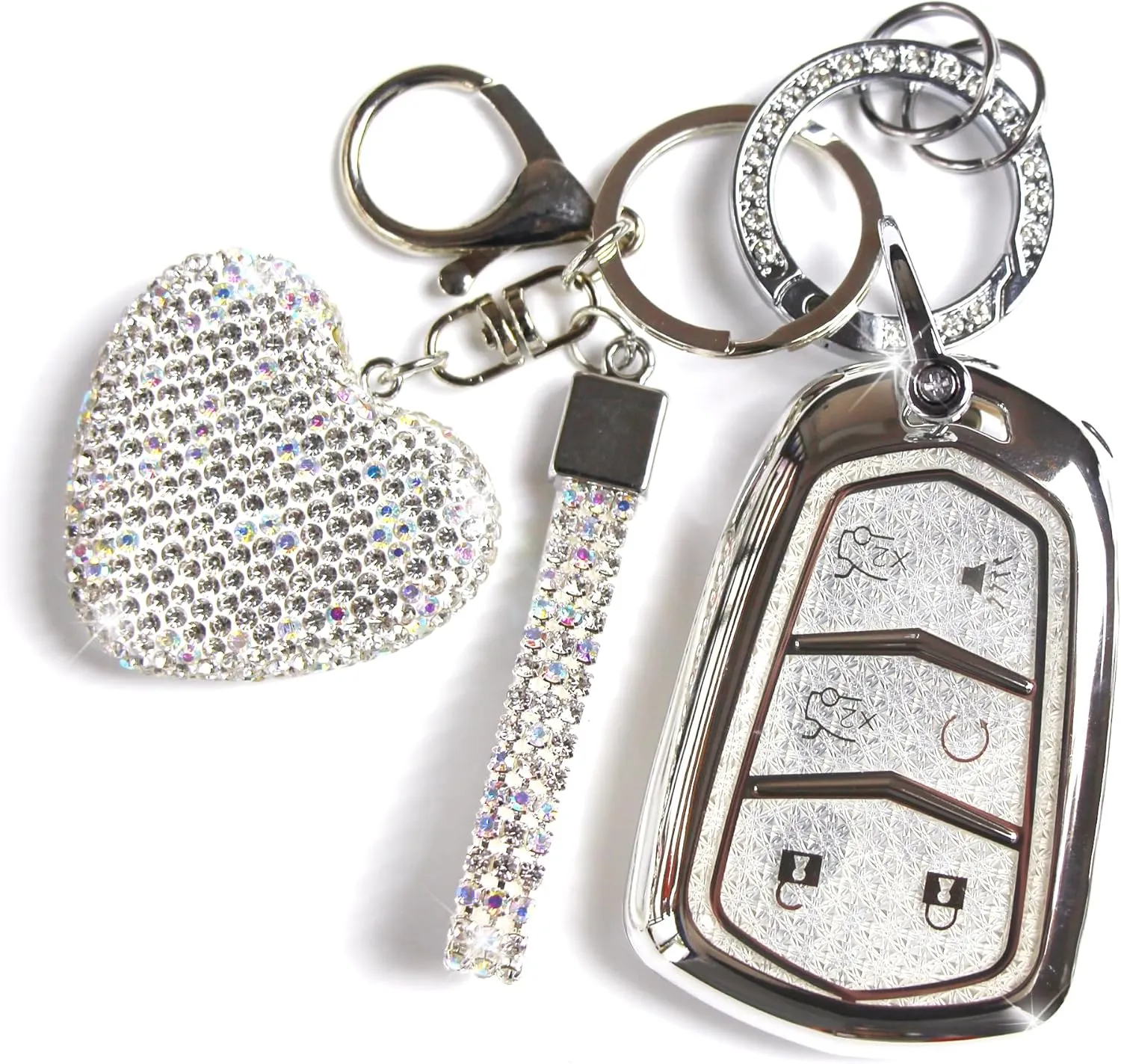 Key Fob Cover with Diamond Keychain Fit for Cadillac Car Key Holder Case Compatible with Cadillac Escalade ATS CTS STS SRX XT5 CT6 Smart Remote Key Protector, 6 Buttons (Silver-Heart)