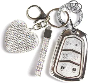 Key Fob Cover with Diamond Keychain Fit for Cadillac Car Key Holder Case Compatible with Cadillac Escalade ATS CTS STS SRX XT5 CT6 Smart Remote Key Protector, 6 Buttons (Silver-Heart)