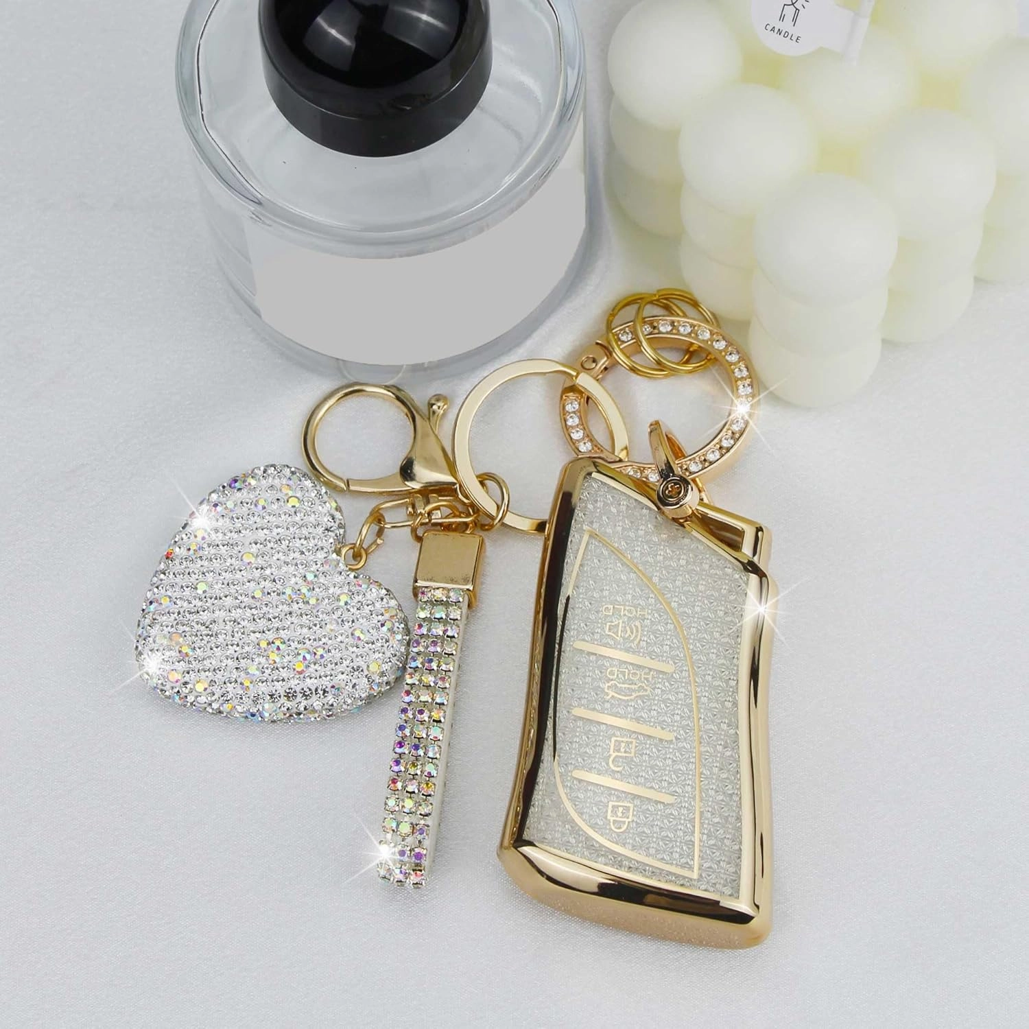 Key Fob Cover with Diamond Keychain Car Key Holder Case Compatible with Lexus ES350 ES300h UX200 LS500 LS500H LC500 LC500h Smart Remote Key Protector for Women, 4 Buttons (White-Heart)