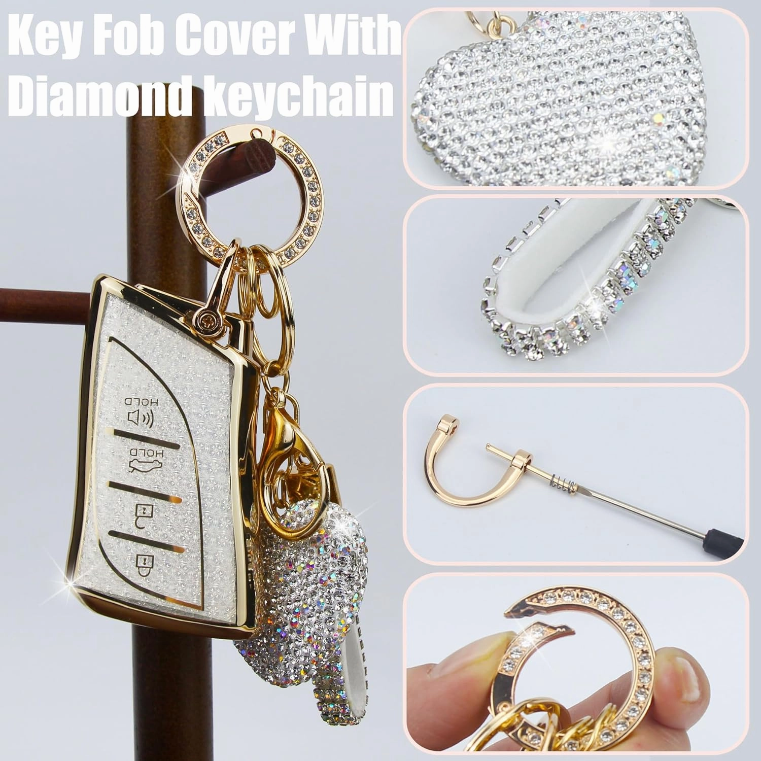 Key Fob Cover with Diamond Keychain Car Key Holder Case Compatible with Lexus ES350 ES300h UX200 LS500 LS500H LC500 LC500h Smart Remote Key Protector for Women, 4 Buttons (White-Heart)