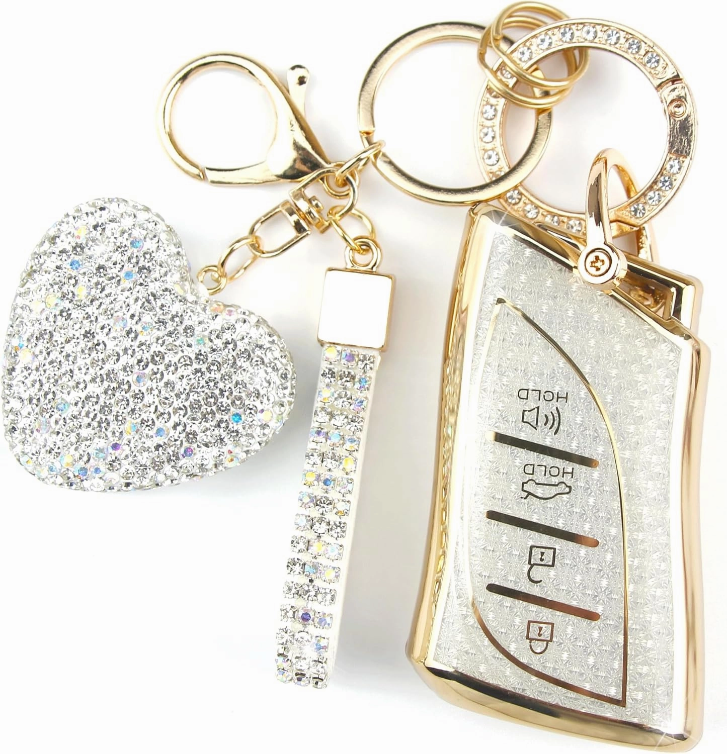 Key Fob Cover with Diamond Keychain Car Key Holder Case Compatible with Lexus ES350 ES300h UX200 LS500 LS500H LC500 LC500h Smart Remote Key Protector for Women, 4 Buttons (White-Heart)