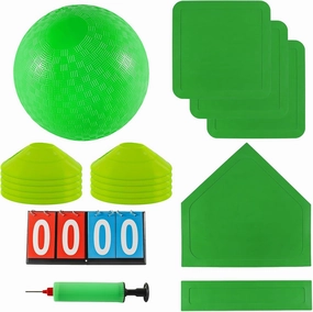 Kickball Set with Bases and Ball - 8.5" Kickball, Rubber Throw Down Bases, Sports Traning Cones, 12" Pump and 14" Scoreboard - Perfect for Kids and Adults - Playground and Backyard Game