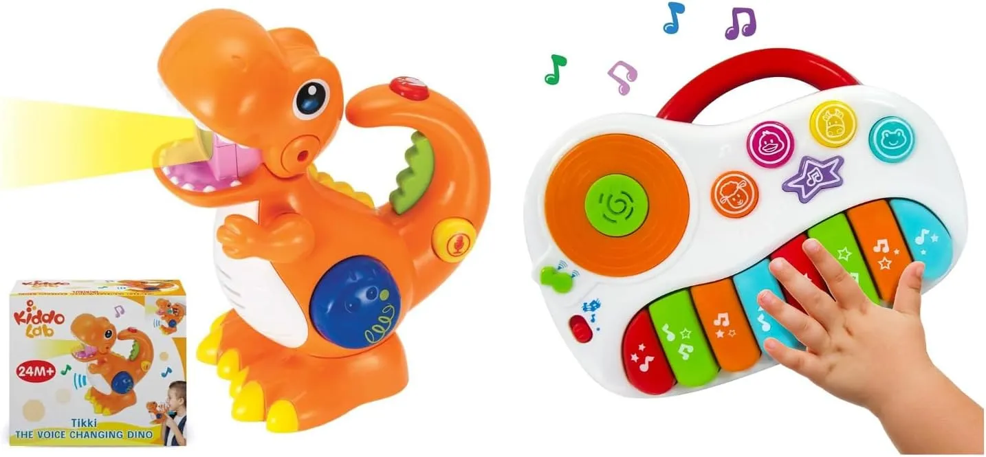 KiddoLab Tikki The Dino & Musical Piano Toy Combo - Voice Changer Dinosaur & Light-Up Keyboard for Toddlers Ages 1-4 - Interactive Learning and Fun.