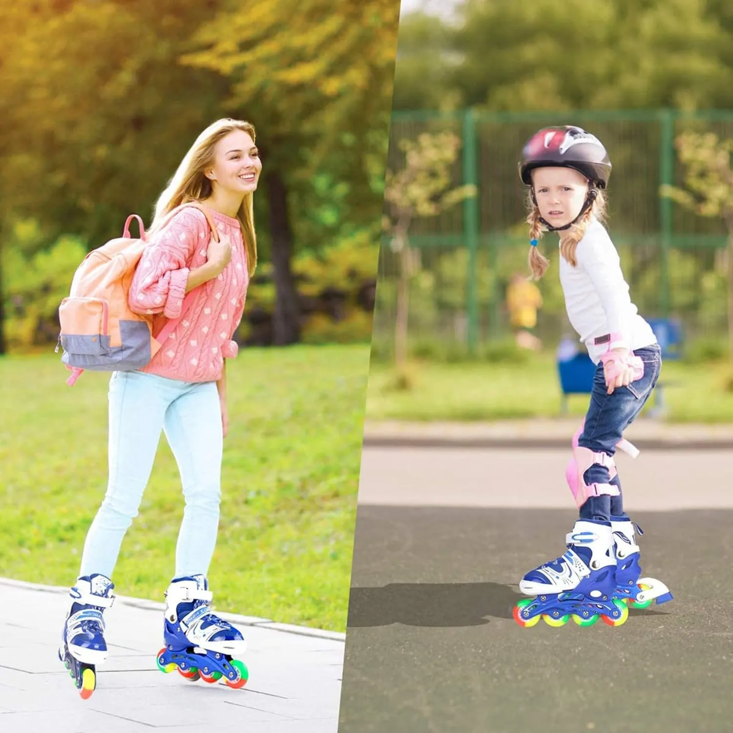 Kids Adjustable Flashing Inline Skates for Boys Girls and Adults with Full Light Up Wheels, Outdoor Roller Skates for Kids Beginner Ages 6-8-12-14, Men and Women