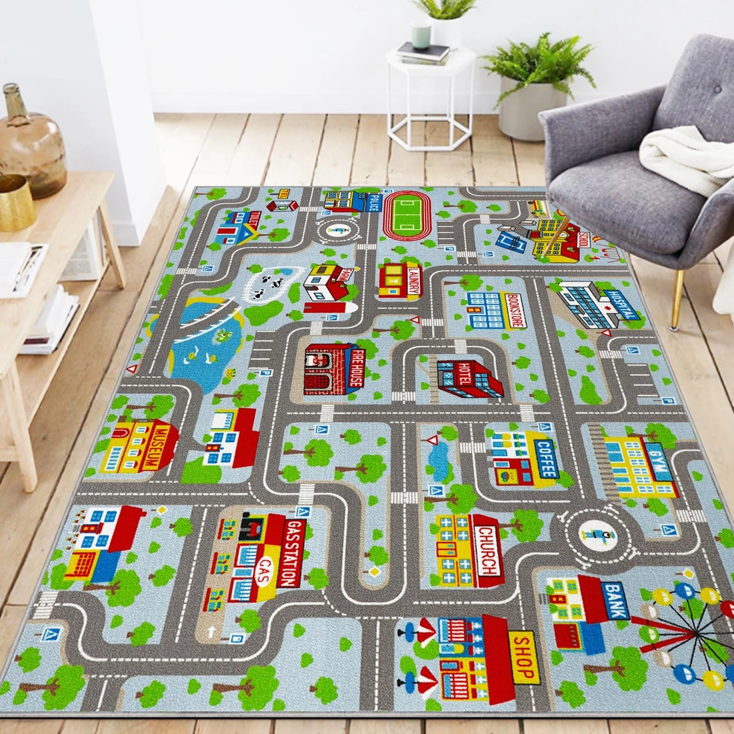 Kids Carpet Playmat Rug 5'0''x6'6'', Kids Rugs for Bedroom, Non-Slip Town City Road Map Car Rugs for Kids Toy Cars, Track Carpet Play Rug for Playroom Classroom Decor (Sky Blue)
