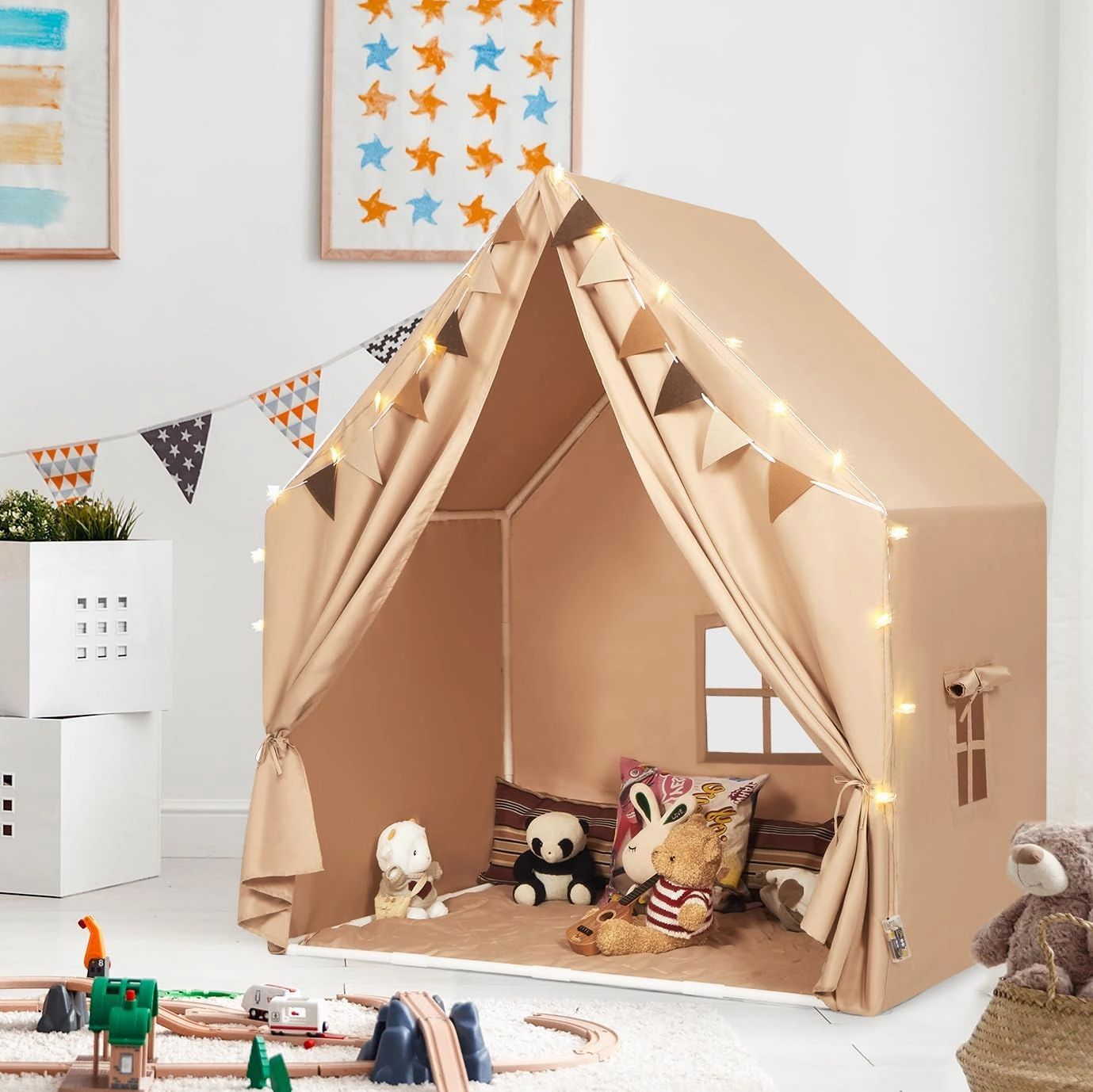 Kids Play Tent with Padded Mat & Star LED Lights for Ages 4-8-10 Year Old Girls Boys, Large Cute Indoor Play Room House Tent for Toddler Children