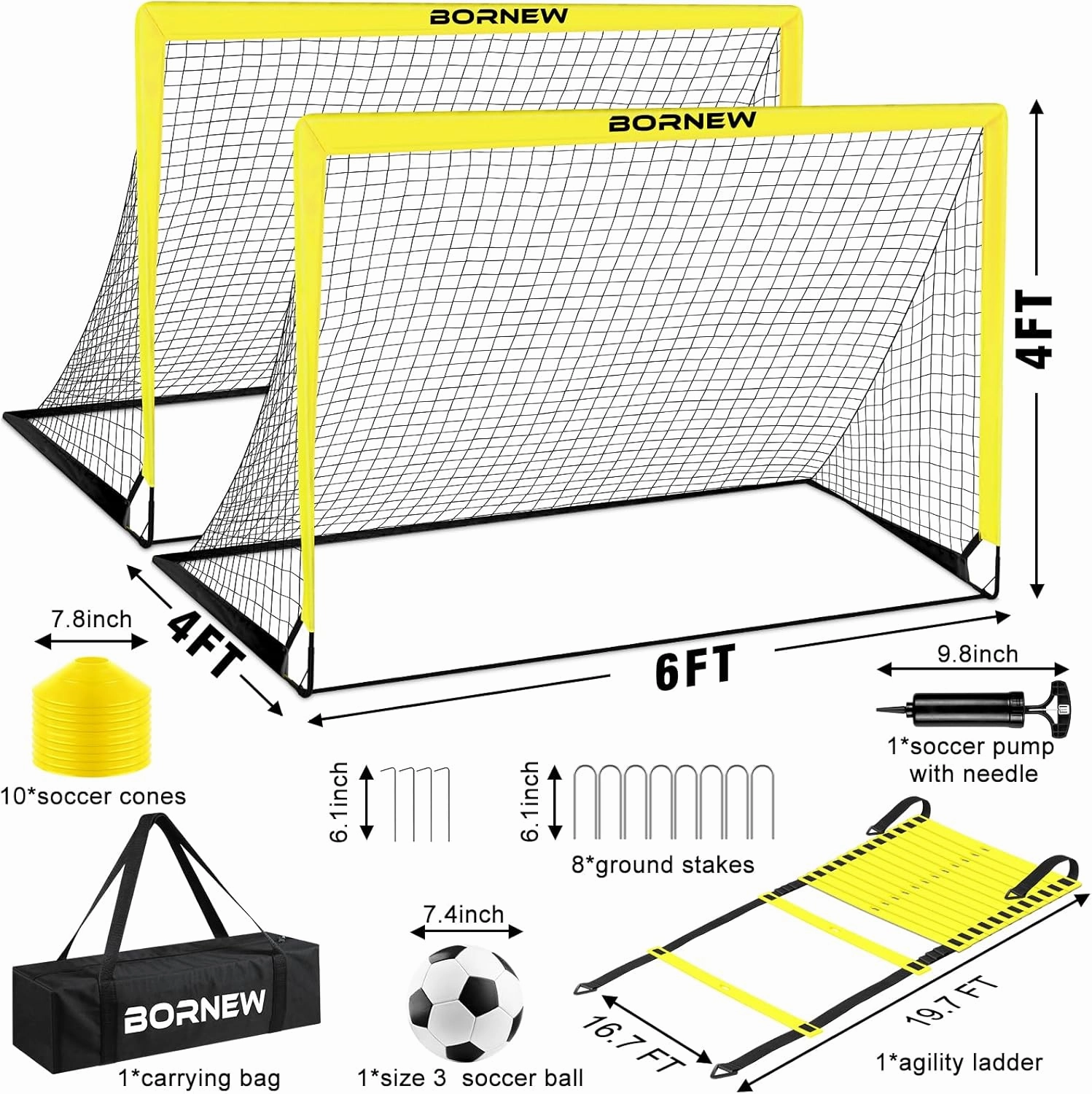 Kids Soccer Goal for Backyard Set - 2 Set of 4x3/ 5X3.6/7x5 ft Toddler Soccer Nets with 20ft Agility Ladder, Soccer Ball, Pop Up Portable Soccer Set for Kids and Youth Training Ages