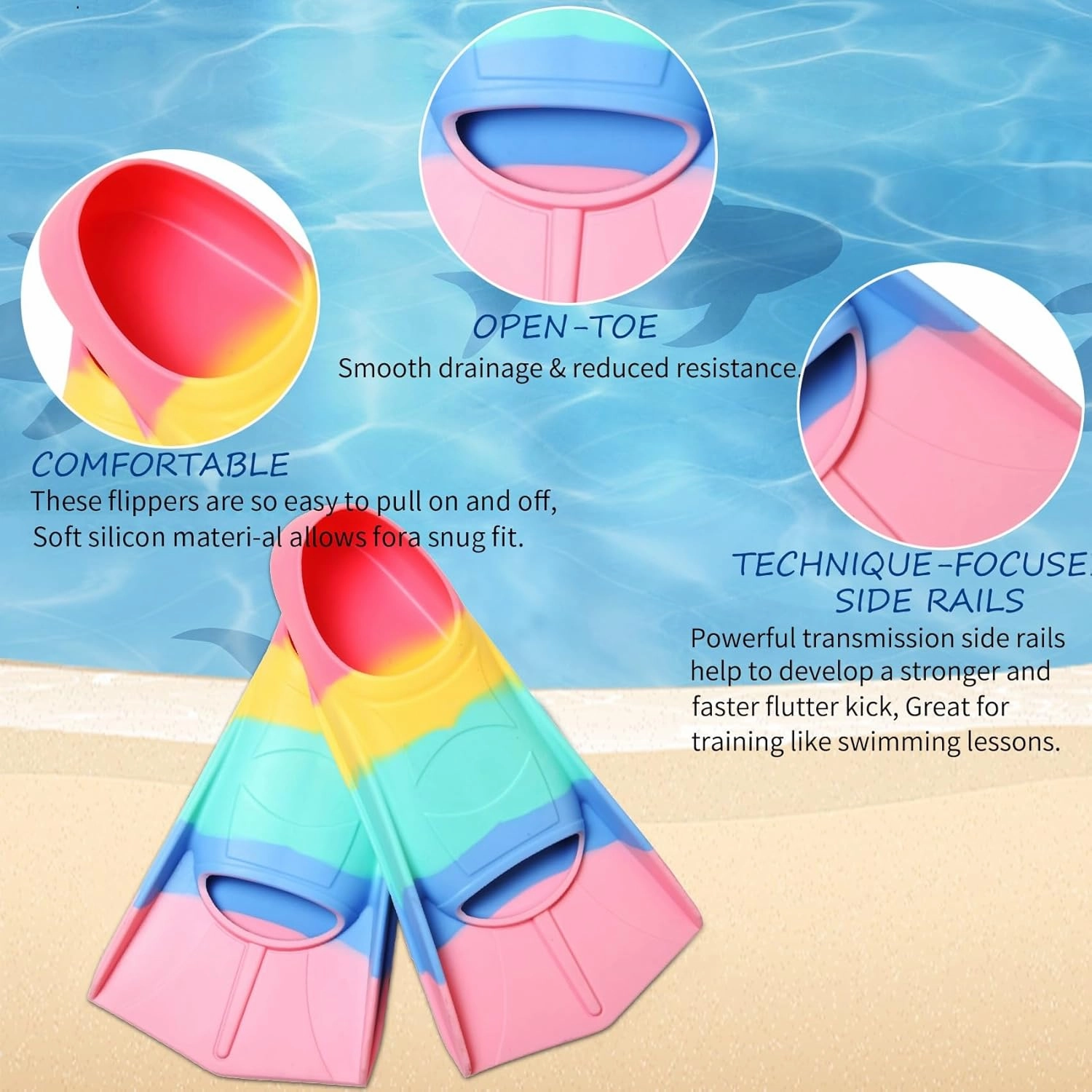 Kids Swim Fins, Short Blade Non-Slip Heel Pool Training Flippers for Youth Lightweight Design