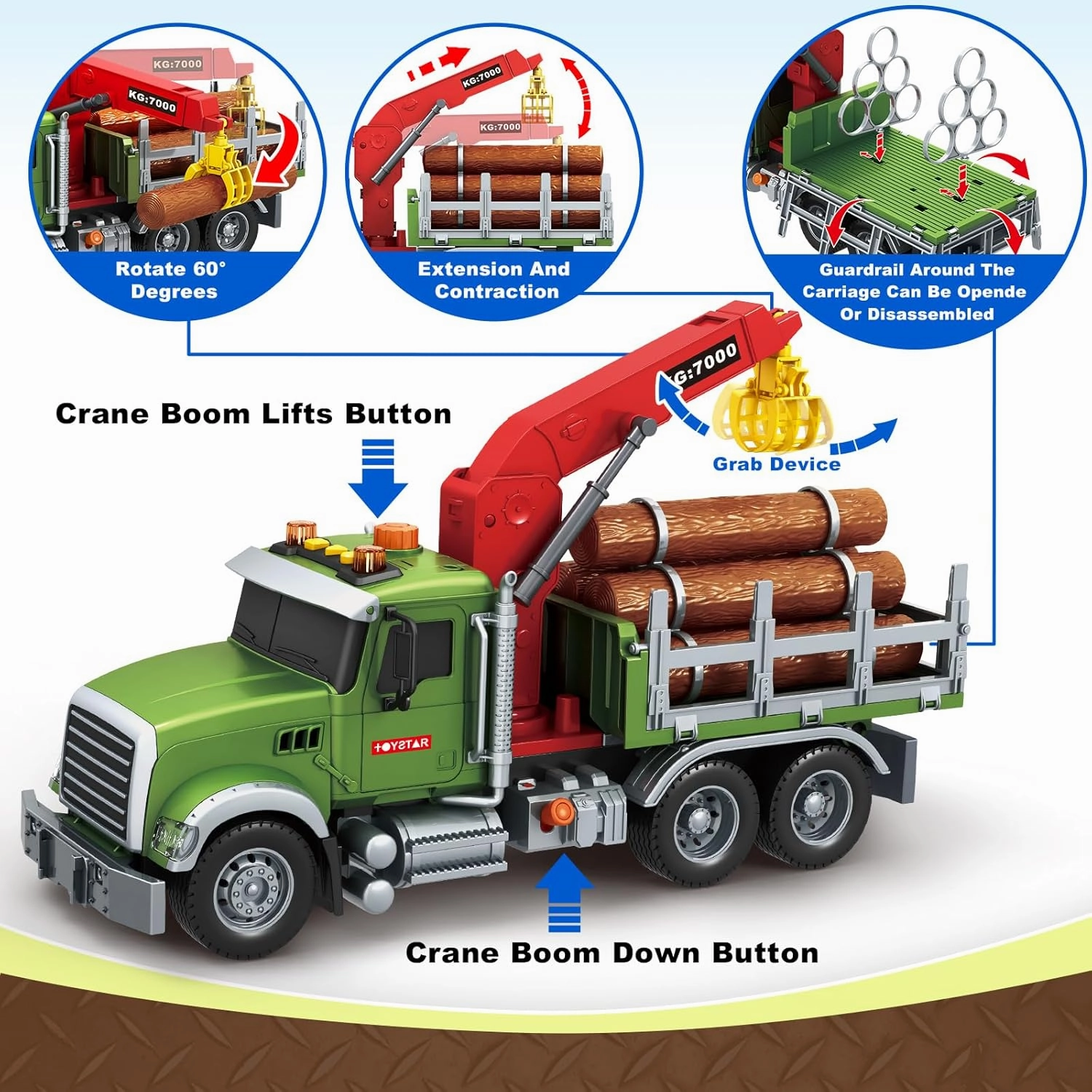 Kids Toys for 3 4 5 6 7 8 Years Old Boys, 15" Farm Logging Truck Toy with Loading Crane and 6 Trunks, Lights, Sounds, Toddler Friction Powered Truck Vehicle Toy for Boys Girls Birthday Gifts