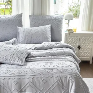 King Size Comforter Set Grey, Tufted Boho Bedding Comforter King Size 3 Pieces Set Farmhouse Decor, Bohemian Textured Lightweight Fluffy King Comforter Set Shabby Chic Bedding Bedroom Decor