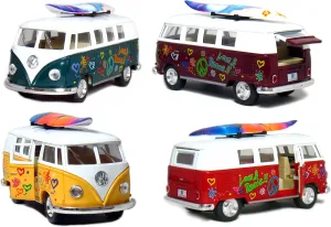 KiNSMART 1962 Volkswagen Classic Bus Set Of 4 With Surfboard and Hippy Decals Bus 1:32 Scale 5 Inch Die Cast Metal Model Toy Van, Pullback Acation