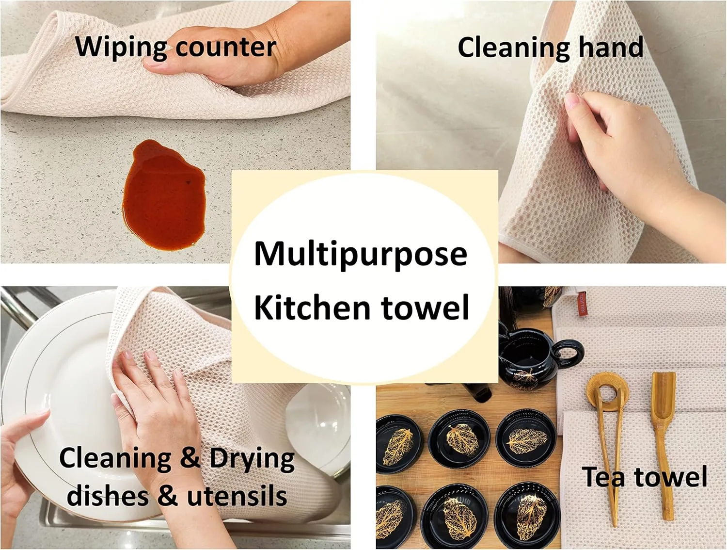 Kitchen Hand Towels 100% Cotton Waffle Weave Dish Towel for Cleaning Drying - Extra Absorbent and Soft - 13 x 28 inch (Beige Dark Grey Brown-6 Pack)