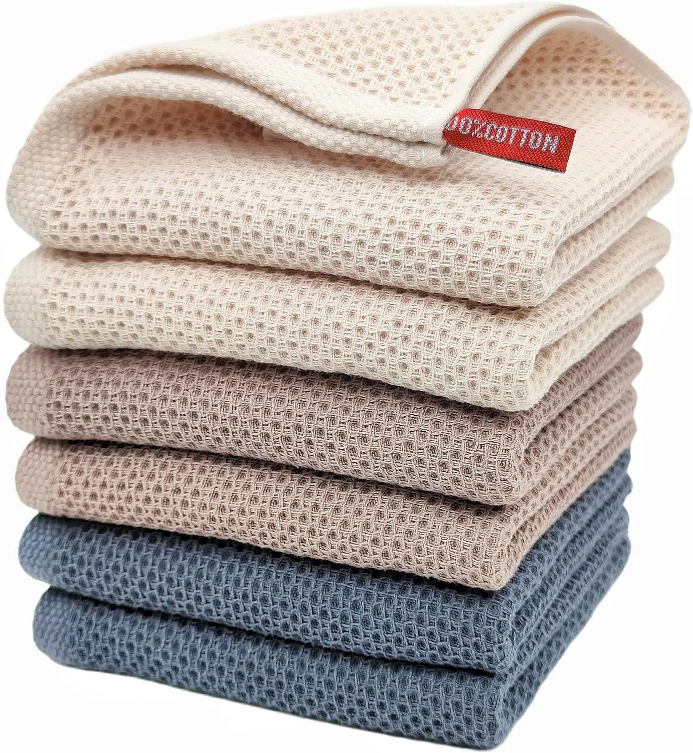 Kitchen Hand Towels 100% Cotton Waffle Weave Dish Towel for Cleaning Drying - Extra Absorbent and Soft - 13 x 28 inch (Beige Dark Grey Brown-6 Pack)