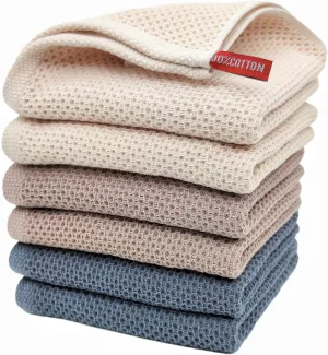 Kitchen Hand Towels 100% Cotton Waffle Weave Dish Towel for Cleaning Drying - Extra Absorbent and Soft - 13 x 28 inch (Beige Dark Grey Brown-6 Pack)