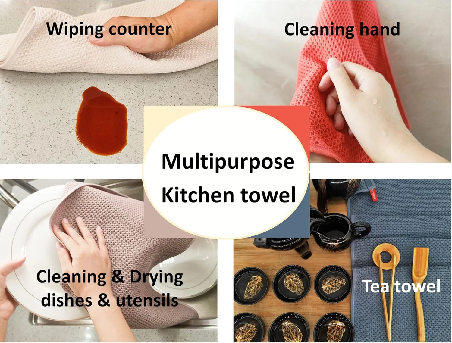 Kitchen Towels 100% Cotton Waffle Weave Dish Towel for Cleaning Drying Dishes Extra Absorbent and Soft, Dish Cloth,13 x 28 in, 8 Pack (Beige Dark Grey Brown Red-8 Pack)