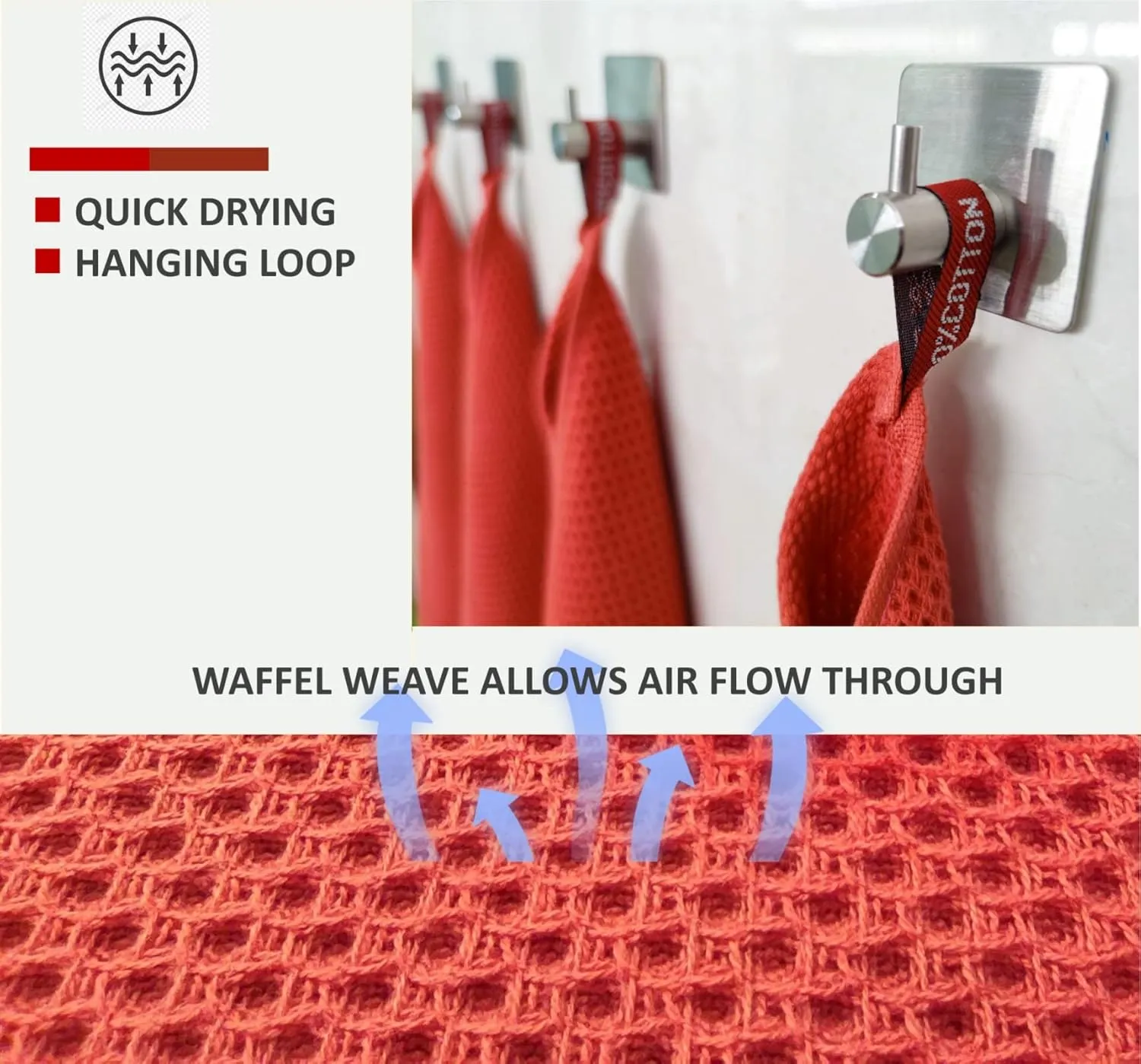 Kitchen Towels 100% Cotton Waffle Weave Dish Towel for Cleaning Drying Dishes Extra Absorbent and Soft, Dish Cloth,13 x 28 in, 8 Pack (Beige Dark Grey Brown Red-8 Pack)