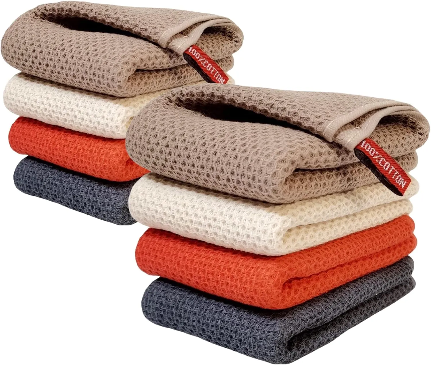 Kitchen Towels 100% Cotton Waffle Weave Dish Towel for Cleaning Drying Dishes Extra Absorbent and Soft, Dish Cloth,13 x 28 in, 8 Pack (Beige Dark Grey Brown Red-8 Pack)