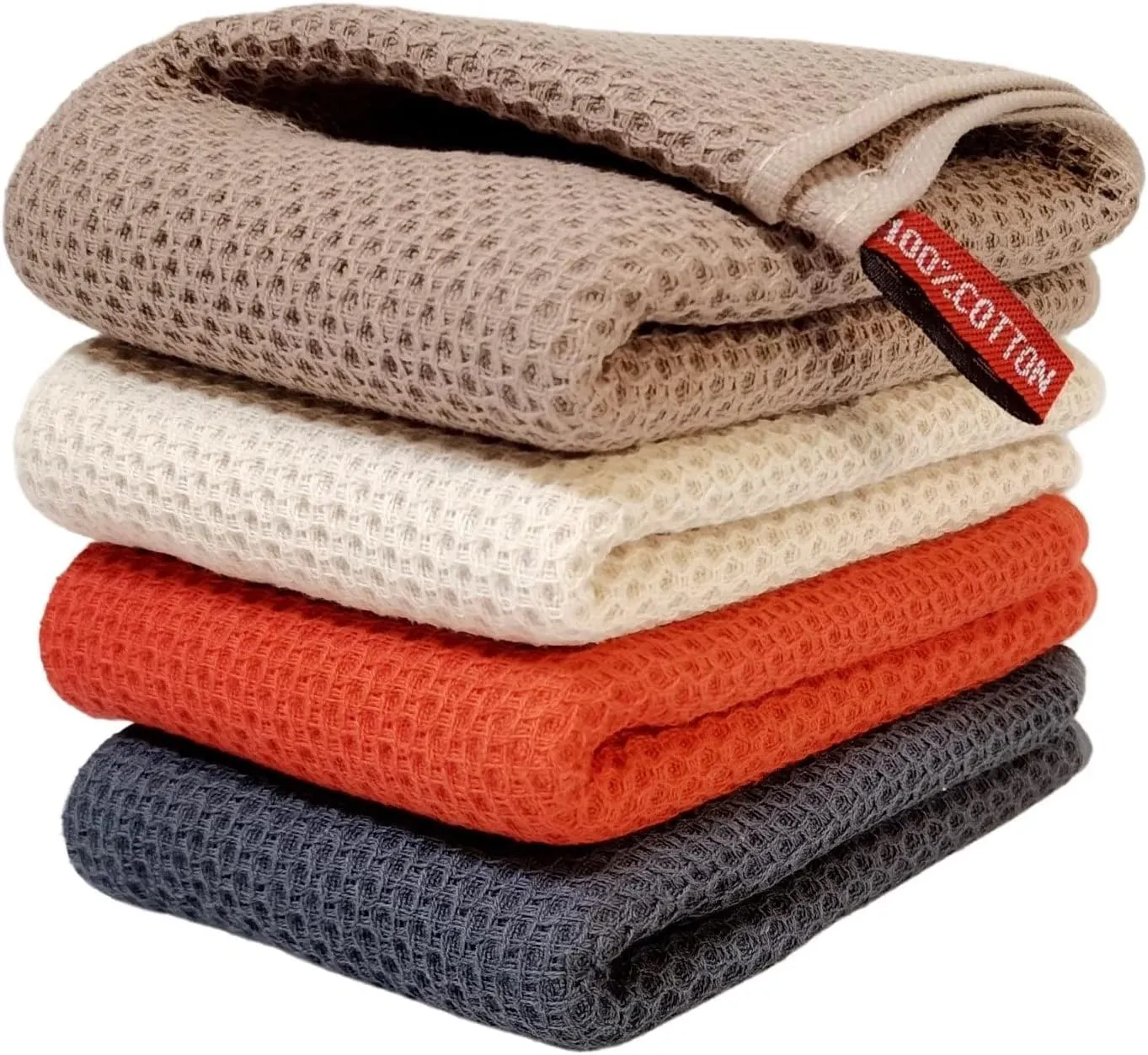 Kitchen Towels 100% Cotton Waffle Weave Dish Towel for Cleaning Drying Dishes Extra Absorbent and Soft, Dish Cloth,13 x 28 Inch(EarthBrown-4 Pack)