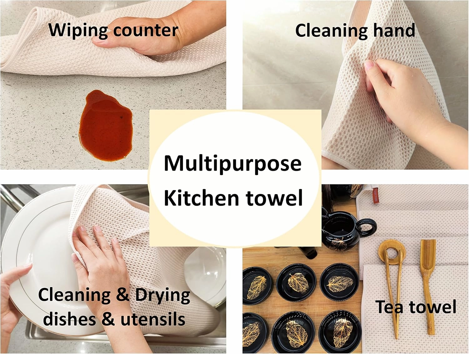 Kitchen Hand Towels 100% Cotton Waffle Weave Dish Towel for Cleaning Drying - Extra Absorbent and Soft - 13 x 28 inch (Beige-8 Pack)
