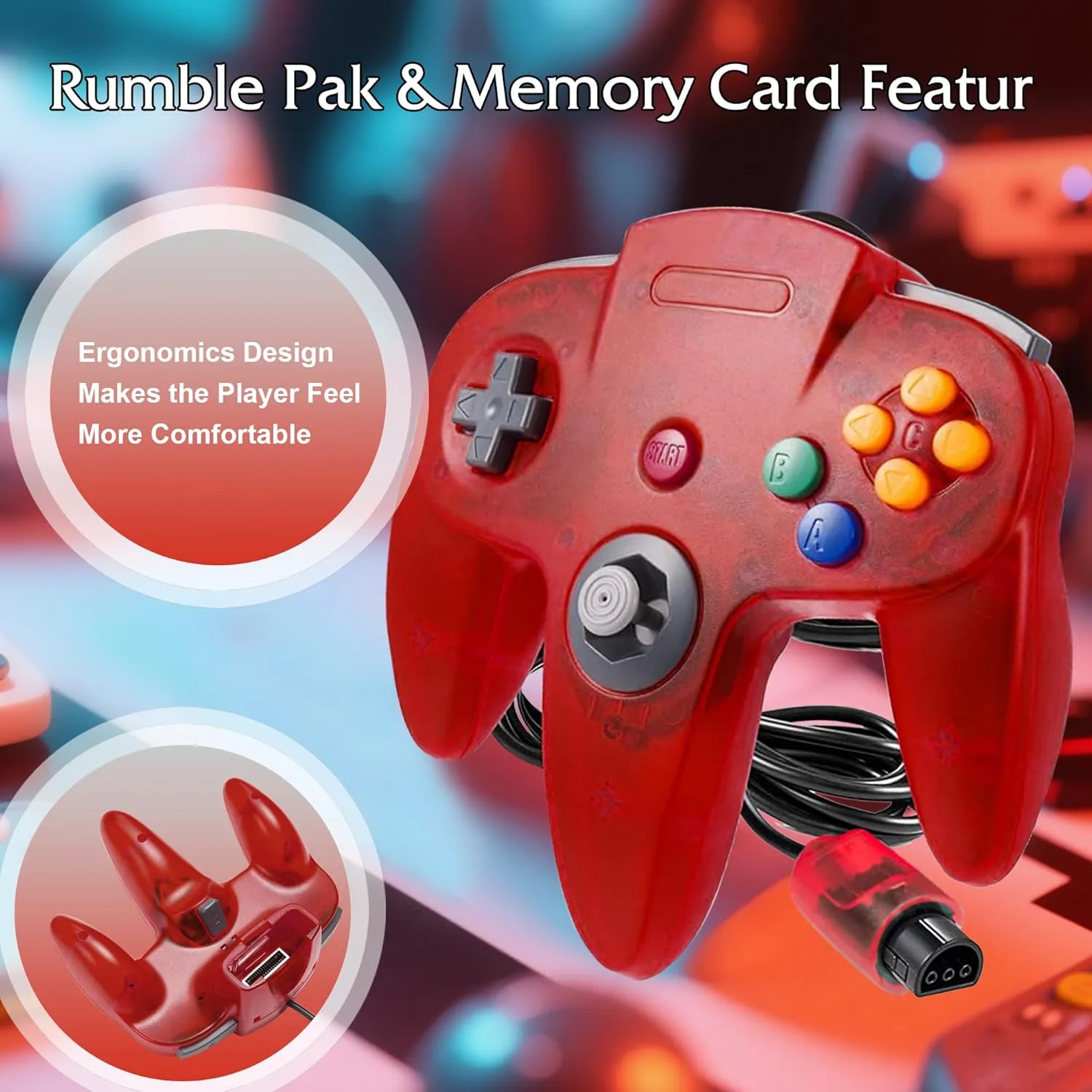 KIWITATA Classic Retro N64 Controller, N64 Wired Joystick Replacement Gamepad Controller for N64 System Video Games Console Clear Red