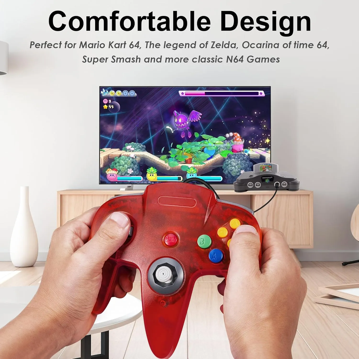 KIWITATA Classic Retro N64 Controller, N64 Wired Joystick Replacement Gamepad Controller for N64 System Video Games Console Clear Red
