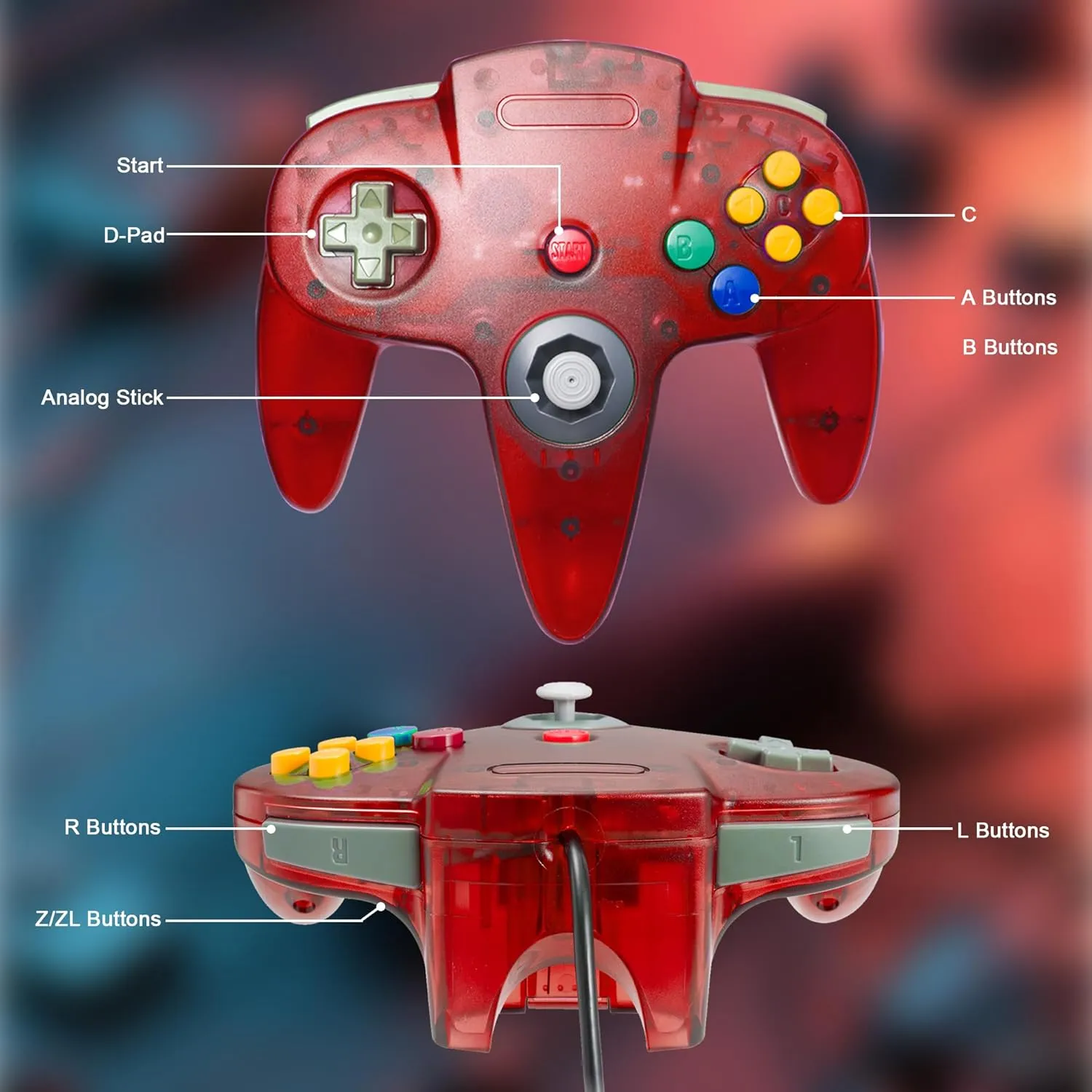 KIWITATA Classic Retro N64 Controller, N64 Wired Joystick Replacement Gamepad Controller for N64 System Video Games Console Clear Red