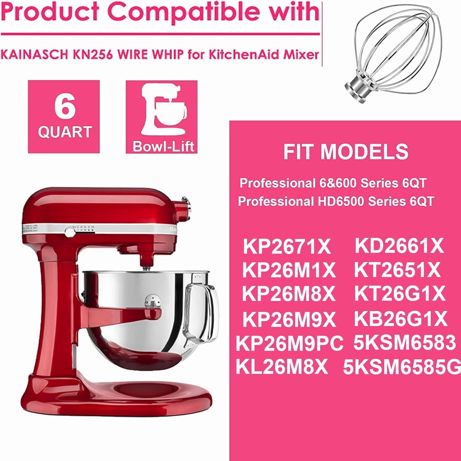 KN256WW Stainless Steel Whisk Attachment for KitchenAid 6 Quart Bowl-Lift Stand Mixer 6-Wire Whip Attachment for Kitchen Aid Accessories