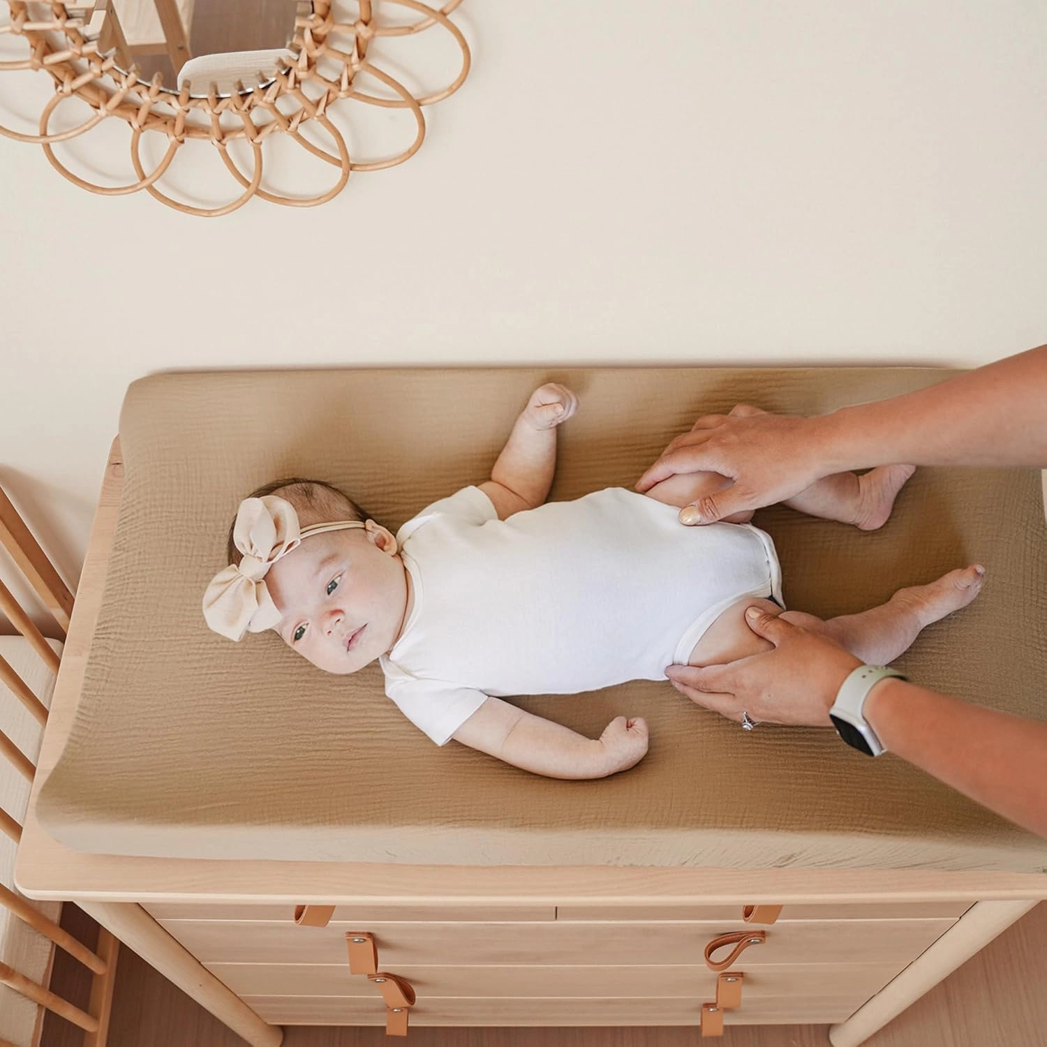 Konssy Muslin Changing Pad Cover for Baby Girls Boys, 100% Cotton Fitted Diaper Chang Table Covers, Soft Breathable Changing Pad Sheets, 2 Pack (Camel,Sun)
