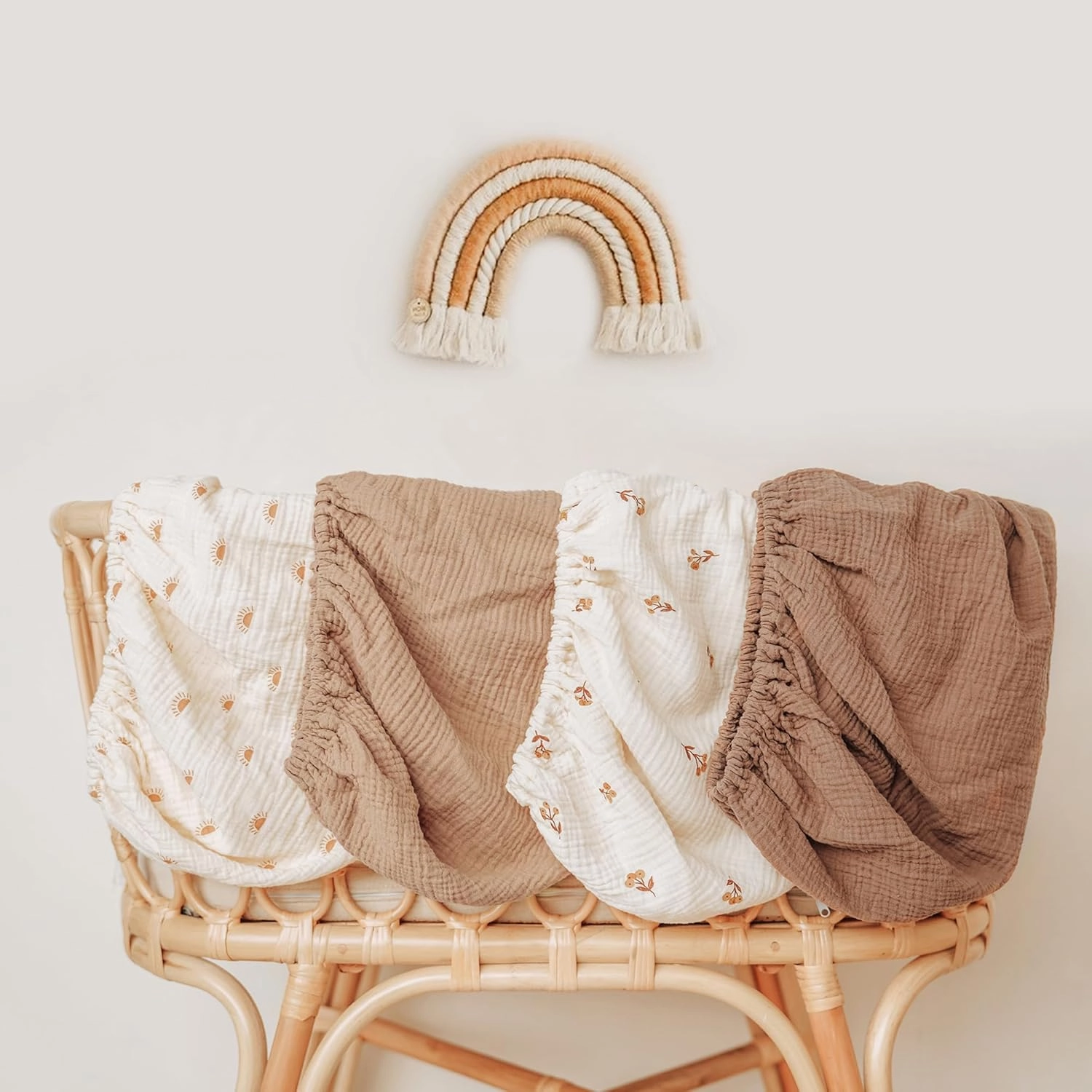 Konssy Muslin Changing Pad Cover for Baby Girls Boys, 100% Cotton Fitted Diaper Chang Table Covers, Soft Breathable Changing Pad Sheets, 2 Pack (Camel,Sun)