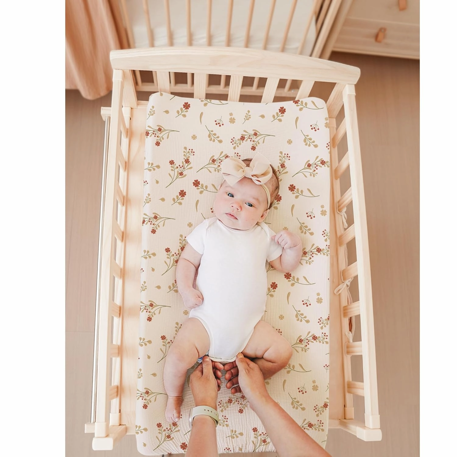 Konssy Muslin Changing Pad Cover for Baby Girls Boys, 100% Cotton Fitted Diaper Chang Table Covers, Soft Breathable Changing Pad Sheets, 2 Pack (Chestnut, Posy)