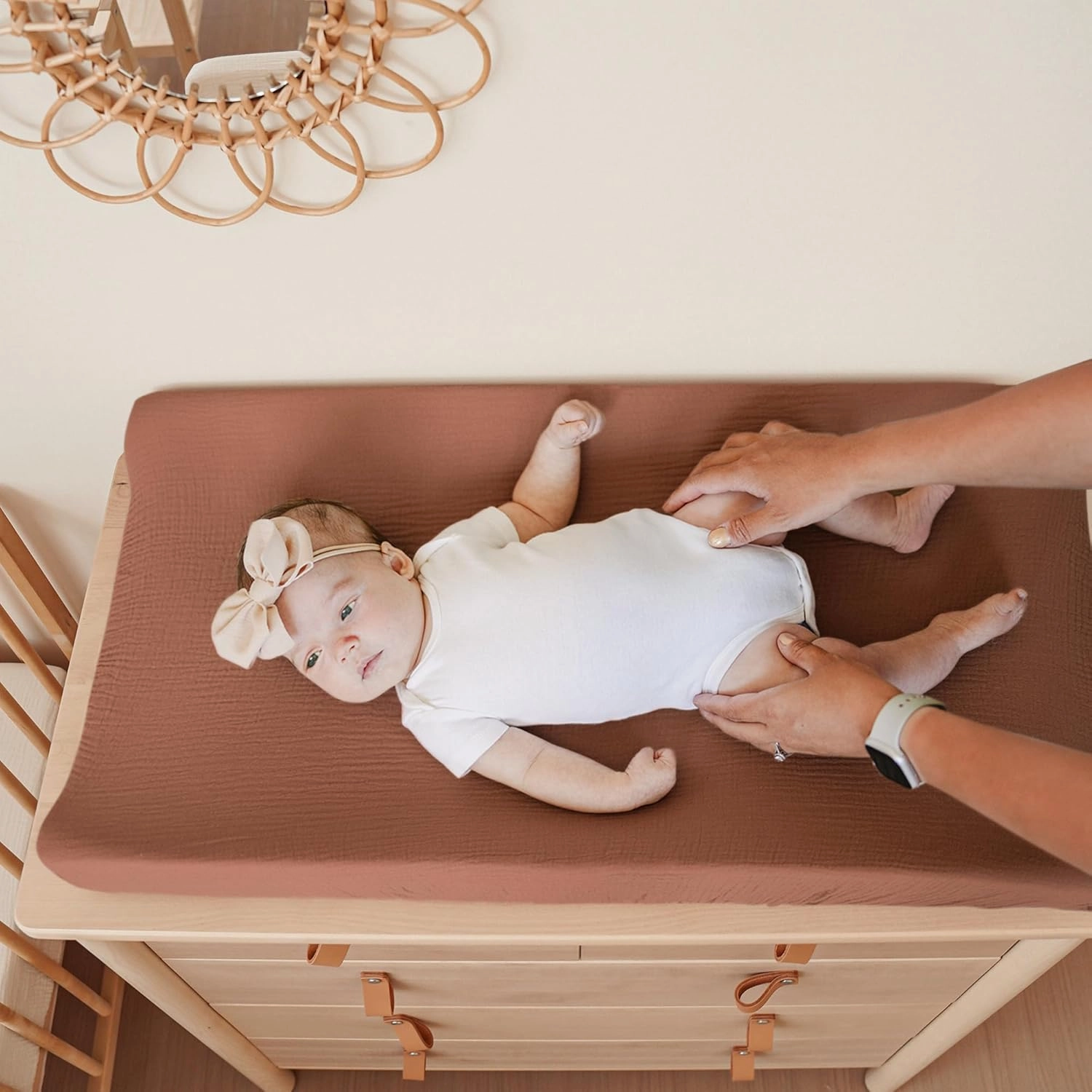Konssy Muslin Changing Pad Cover for Baby Girls Boys, 100% Cotton Fitted Diaper Chang Table Covers, Soft Breathable Changing Pad Sheets, 2 Pack (Chestnut, Posy)