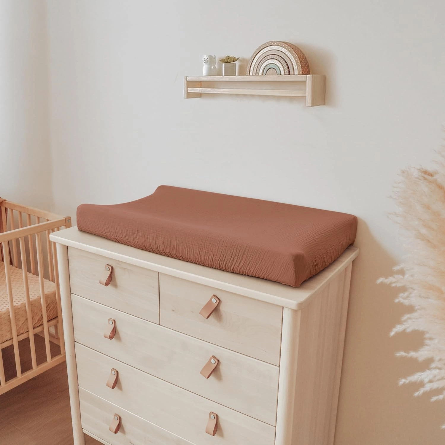 Konssy Muslin Changing Pad Cover for Baby Girls Boys, 100% Cotton Fitted Diaper Chang Table Covers, Soft Breathable Changing Pad Sheets, 2 Pack (Chestnut, Posy)