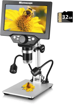 Koolertron 7" 12MP Digital Microscope, 1200X Magnification, 1080P USB Camera, 32GB TF Card, PC View, Rechargeable, LED Lights for Coin/PCB/Jewelry/Plant/Rock Inspection