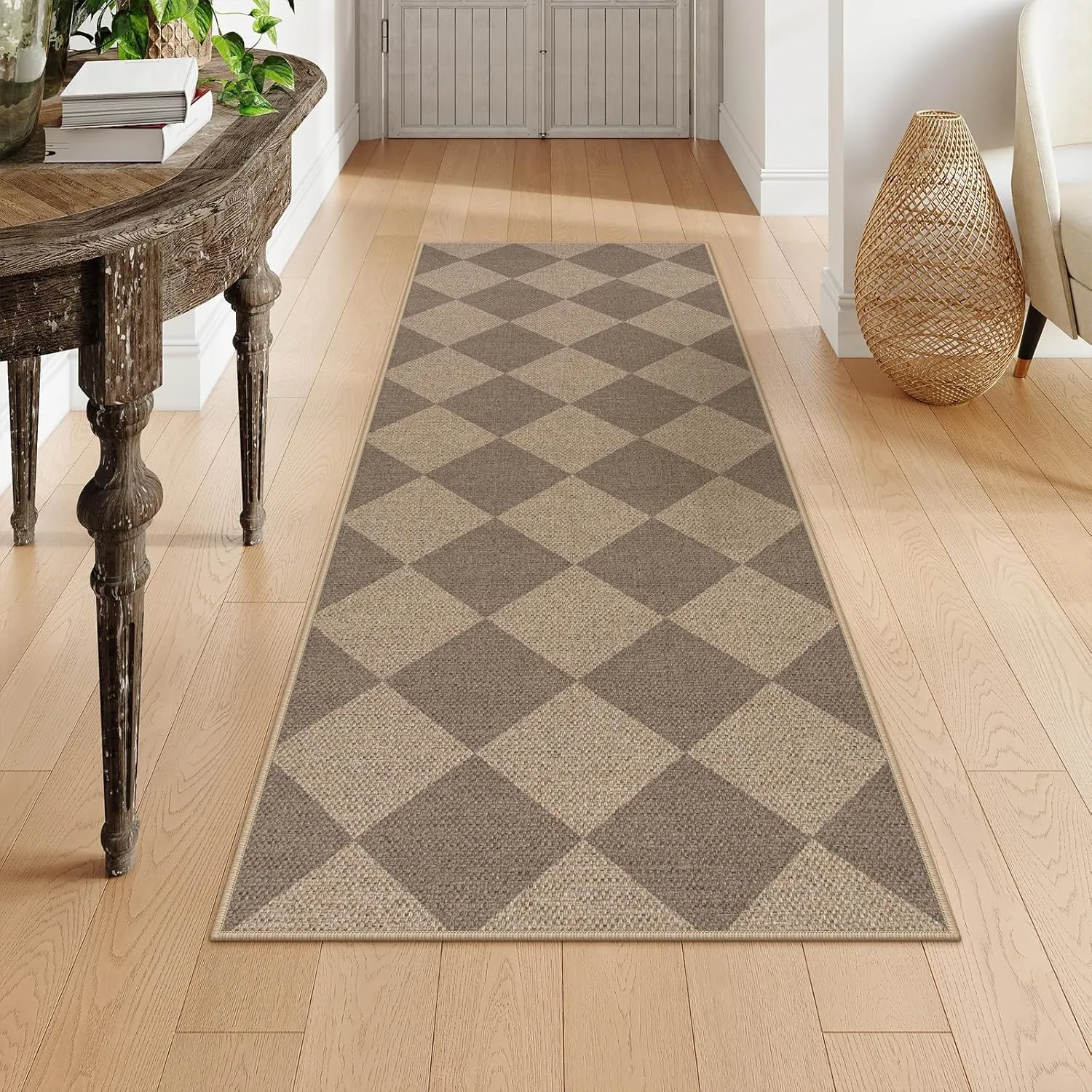 Lahome Checkered Easy Jute Runner Rug, 2x6 Kitchen Mats for Floor Non Slip Washable Entryway Runner, Checkerboard Nature Indoor Outdoor Carpet for Hallway 6ft Entry