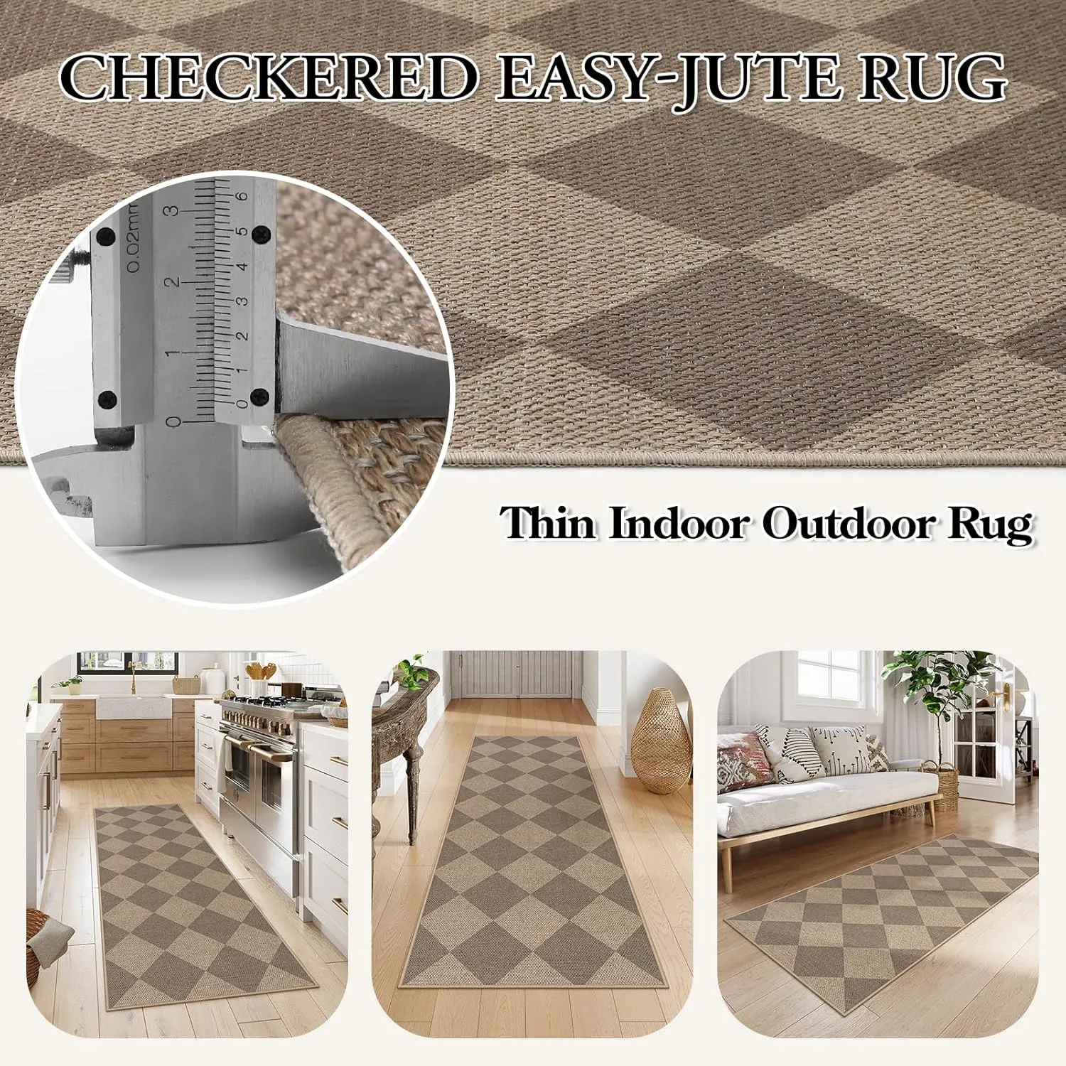 Lahome Checkered Easy Jute Runner Rug, 2x6 Kitchen Mats for Floor Non Slip Washable Entryway Runner, Checkerboard Nature Indoor Outdoor Carpet for Hallway 6ft Entry
