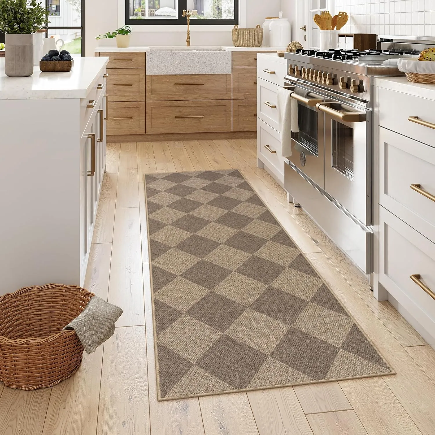 Lahome Checkered Easy Jute Runner Rug, 2x6 Kitchen Mats for Floor Non Slip Washable Entryway Runner, Checkerboard Nature Indoor Outdoor Carpet for Hallway 6ft Entry