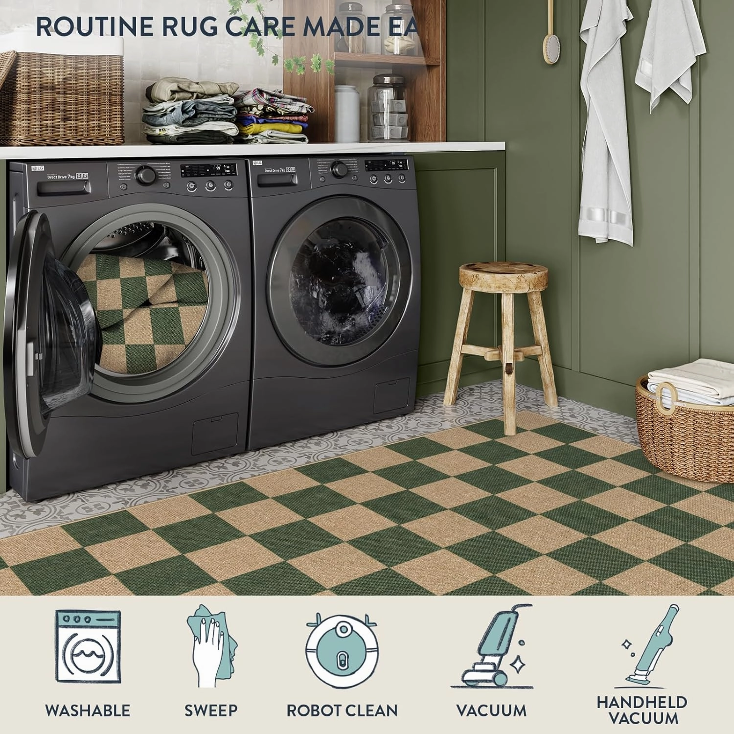 Lahome Checkered Outdoor Runner Rug, 2x8 Green Kitchen Runner Rugs for Non Skid Washable Entryway Carpet, Checkerboard Non Slip Non Shedding Carpet for Bedroom