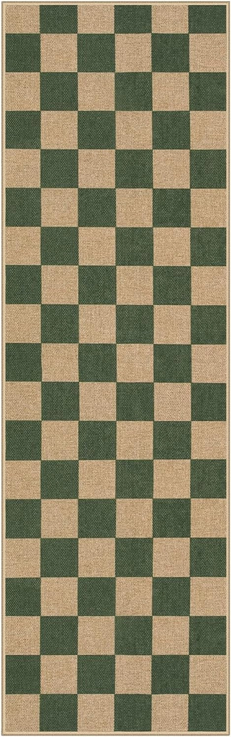 Lahome Checkered Outdoor Runner Rug, 2x8 Green Kitchen Runner Rugs for Non Skid Washable Entryway Carpet, Checkerboard Non Slip Non Shedding Carpet for Bedroom