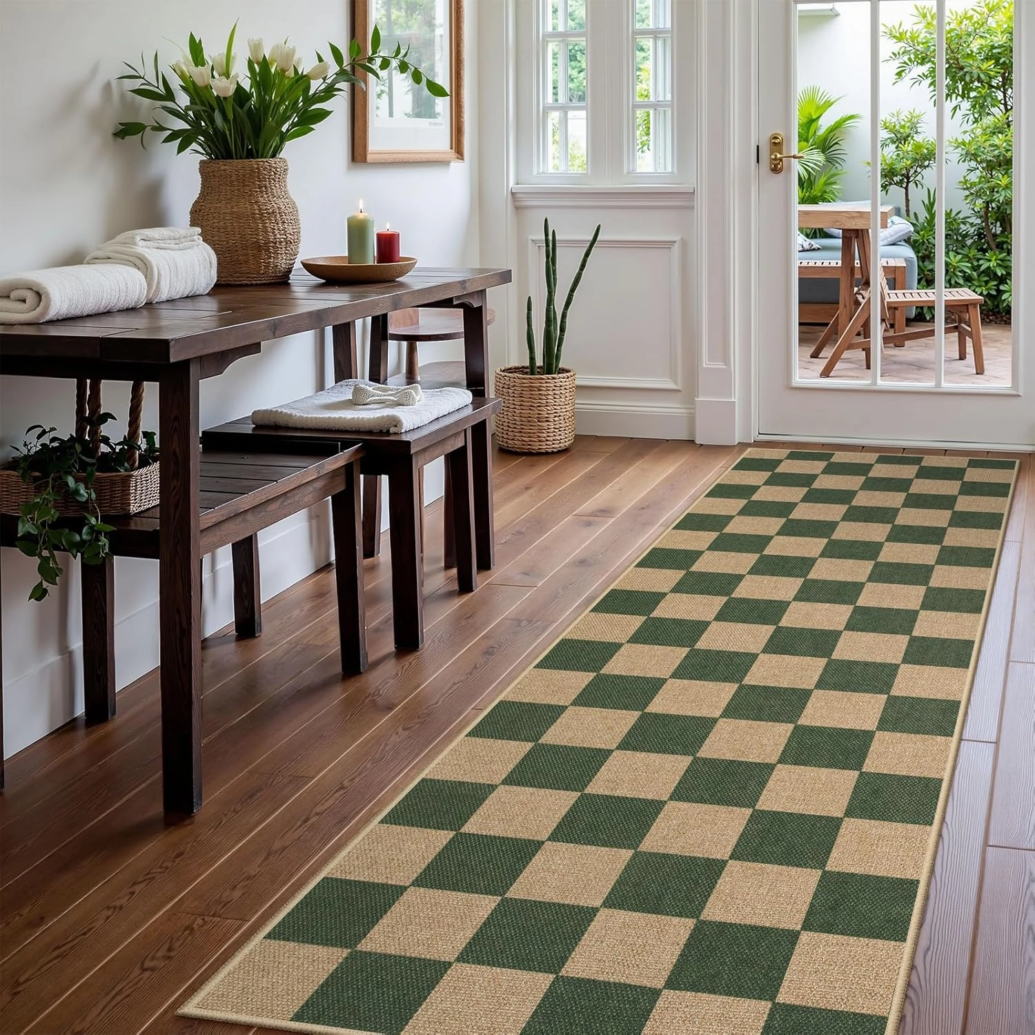 Lahome Checkered Outdoor Runner Rug, 2x8 Green Kitchen Runner Rugs for Non Skid Washable Entryway Carpet, Checkerboard Non Slip Non Shedding Carpet for Bedroom