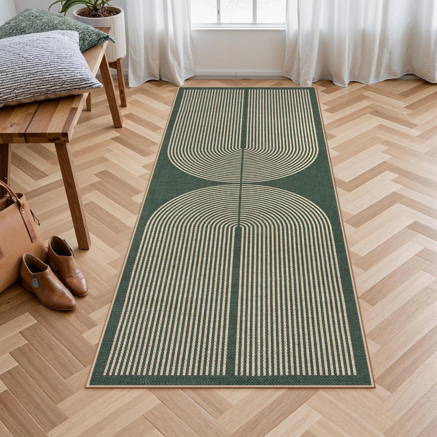 Lahome Modern Rainbow Easy Jute Entryway Runner Rug, Washable Carpet Runners for Hallway 6ft, Farmhouse Non Slip Stain Resistant Kitchen Mats for Floor Laundry Room Porch Bedroom, Dark Green