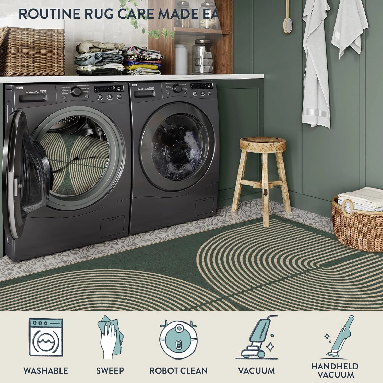 Lahome Modern Rainbow Easy Jute Entryway Runner Rug, Washable Carpet Runners for Hallway 6ft, Farmhouse Non Slip Stain Resistant Kitchen Mats for Floor Laundry Room Porch Bedroom, Dark Green