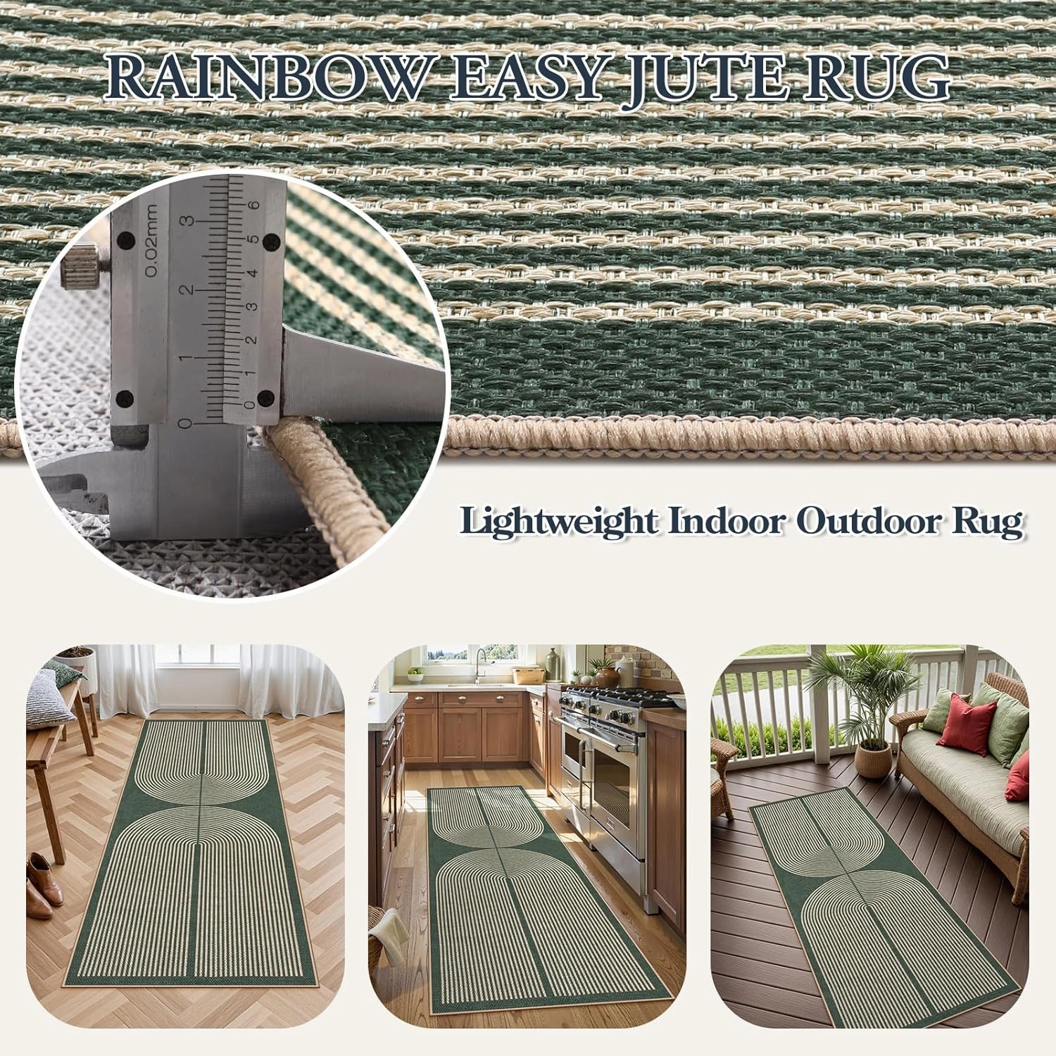 Lahome Modern Rainbow Easy Jute Entryway Runner Rug, Washable Carpet Runners for Hallway 6ft, Farmhouse Non Slip Stain Resistant Kitchen Mats for Floor Laundry Room Porch Bedroom, Dark Green