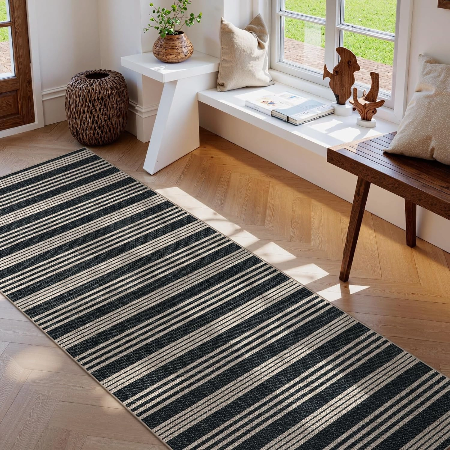 Lahome Striped Easy Jute Kitchen Runner, 2x8 Washable Indoor Outdoor Entryway Runner Rug, Farmhouse Non Slip Non Shedding Neutral Carpet for Hallway Porch Foyer