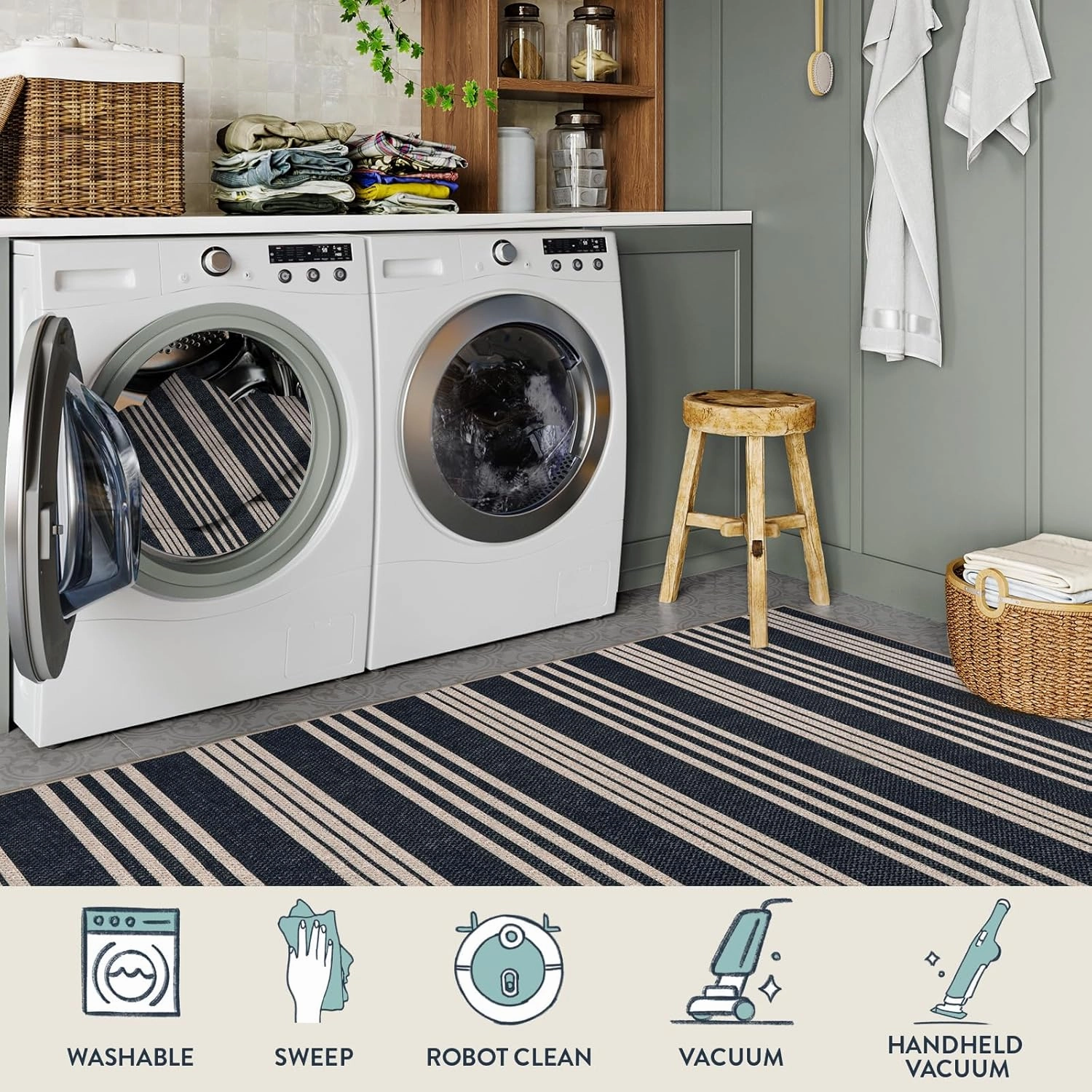 Lahome Striped Easy Jute Kitchen Runner, 2x8 Washable Indoor Outdoor Entryway Runner Rug, Farmhouse Non Slip Non Shedding Neutral Carpet for Hallway Porch Foyer