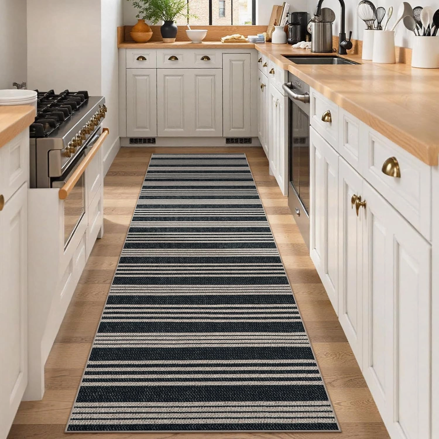 Lahome Striped Easy Jute Kitchen Runner, 2x8 Washable Indoor Outdoor Entryway Runner Rug, Farmhouse Non Slip Non Shedding Neutral Carpet for Hallway Porch Foyer