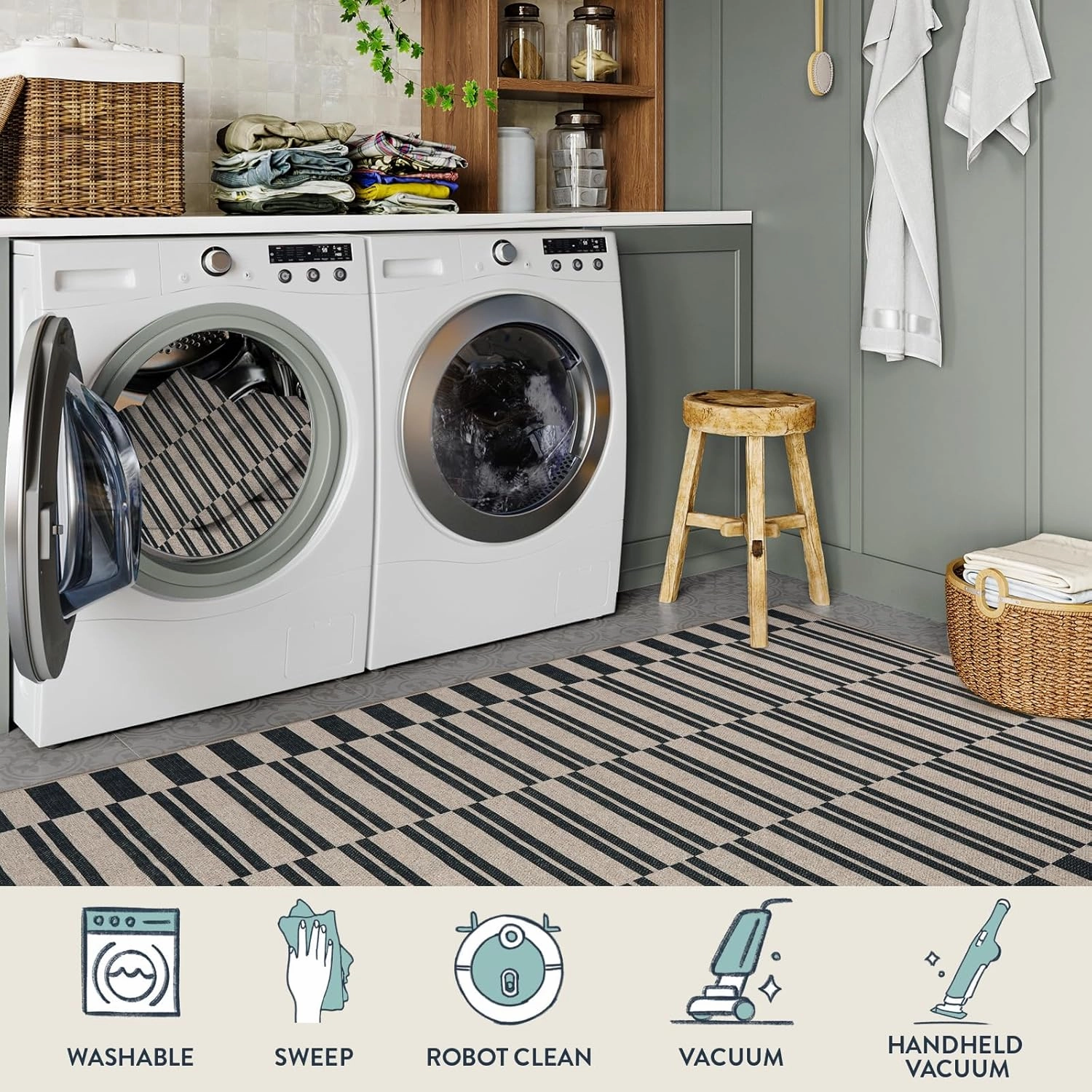 Lahome Striped Easy Jute Washable Runner Rug, Carpet Runners for Hallway 8ft Non Slip Kitchen Entryway Runner, Farmhouse Neutral Non Shedding Indoor Outdoor Carpet for Foyer Laundry Room
