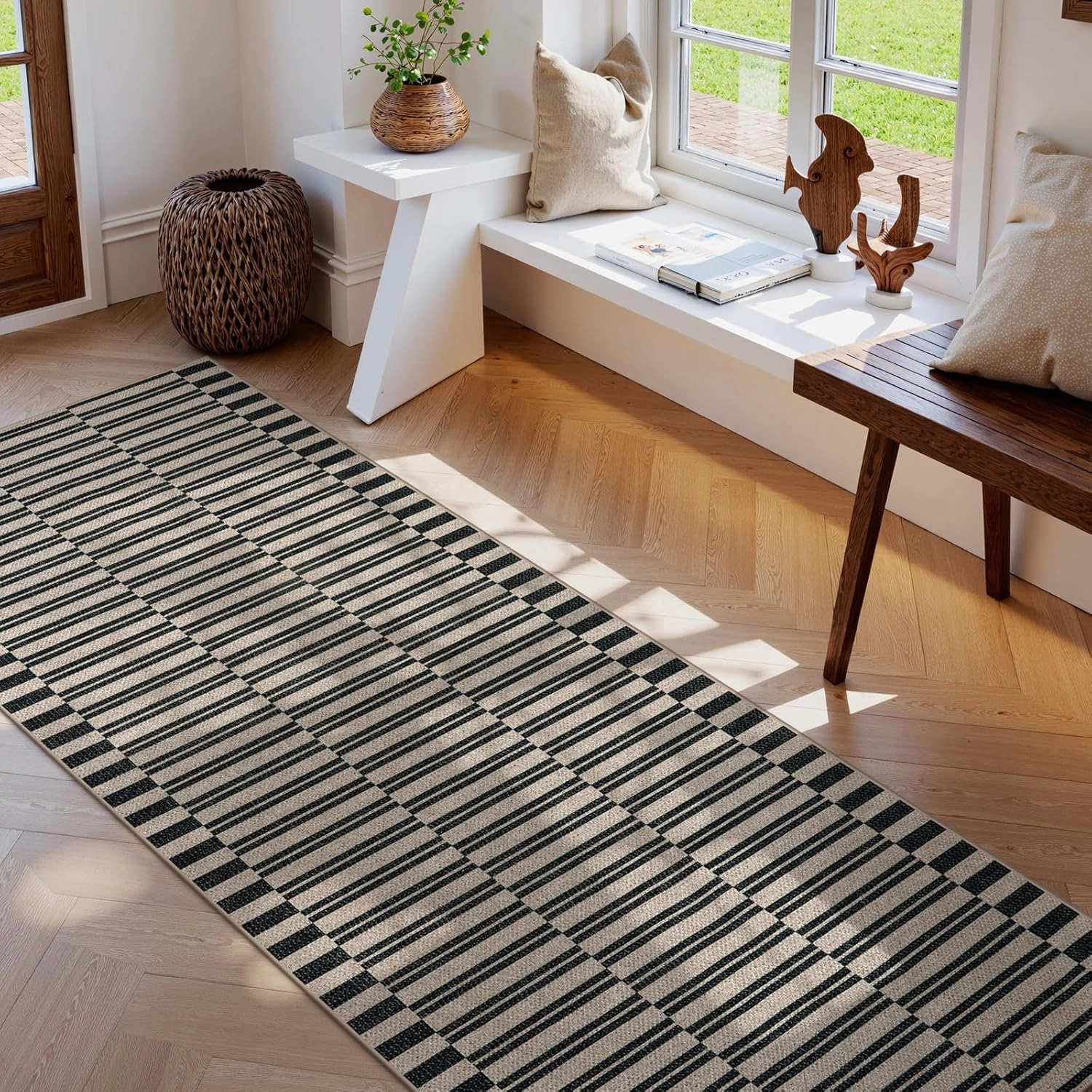 Lahome Striped Easy Jute Washable Runner Rug, Carpet Runners for Hallway 8ft Non Slip Kitchen Entryway Runner, Farmhouse Neutral Non Shedding Indoor Outdoor Carpet for Foyer Laundry Room