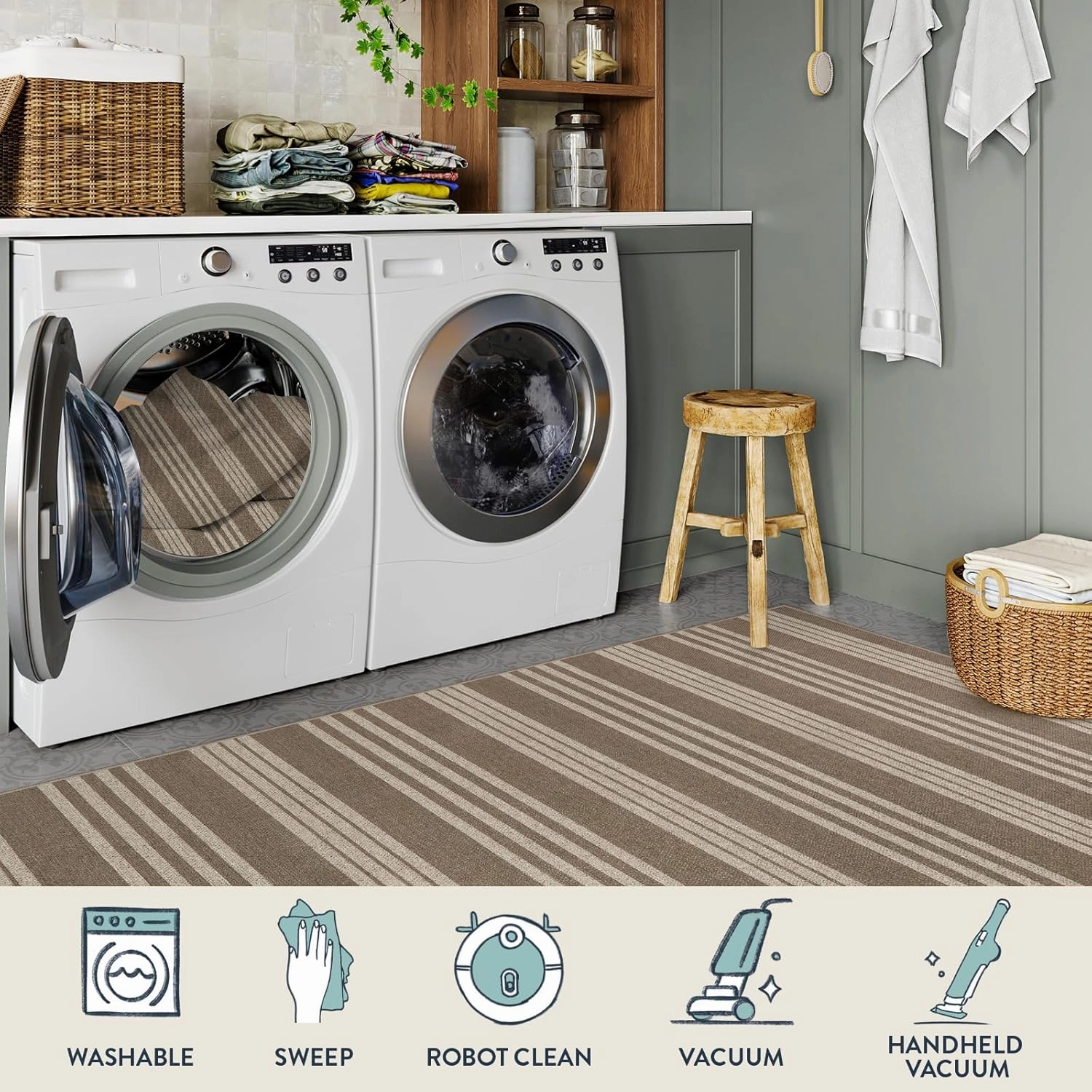 Lahome Striped Washable Runner Rug, 2x8 Easy Jute Hallway Kitchen Runner, Farmhouse Non Slip Non Shedding Indoor Outdoor Carpet for Entry Corridor Foyer, Khaki
