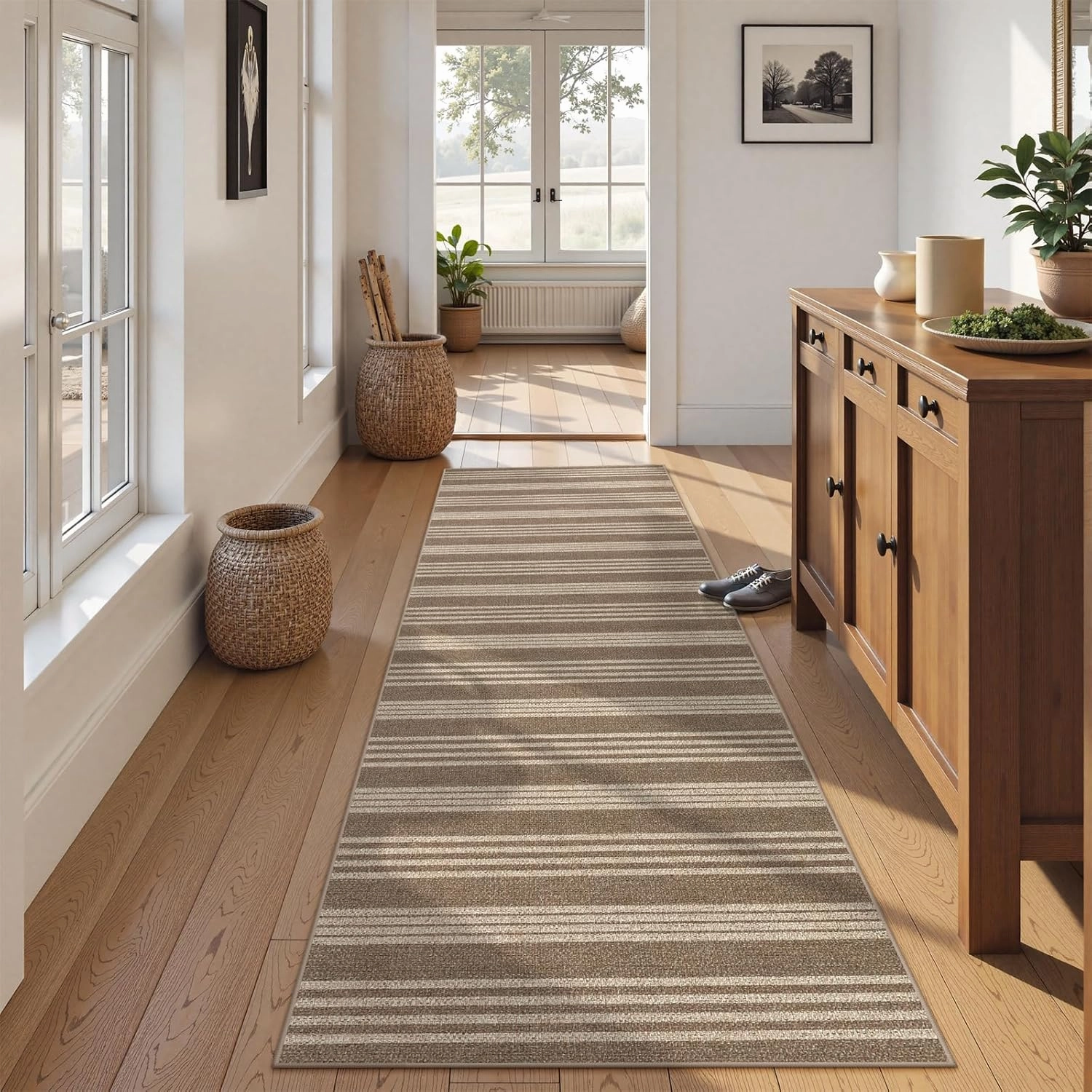 Lahome Striped Washable Runner Rug, 2x8 Easy Jute Hallway Kitchen Runner, Farmhouse Non Slip Non Shedding Indoor Outdoor Carpet for Entry Corridor Foyer, Khaki