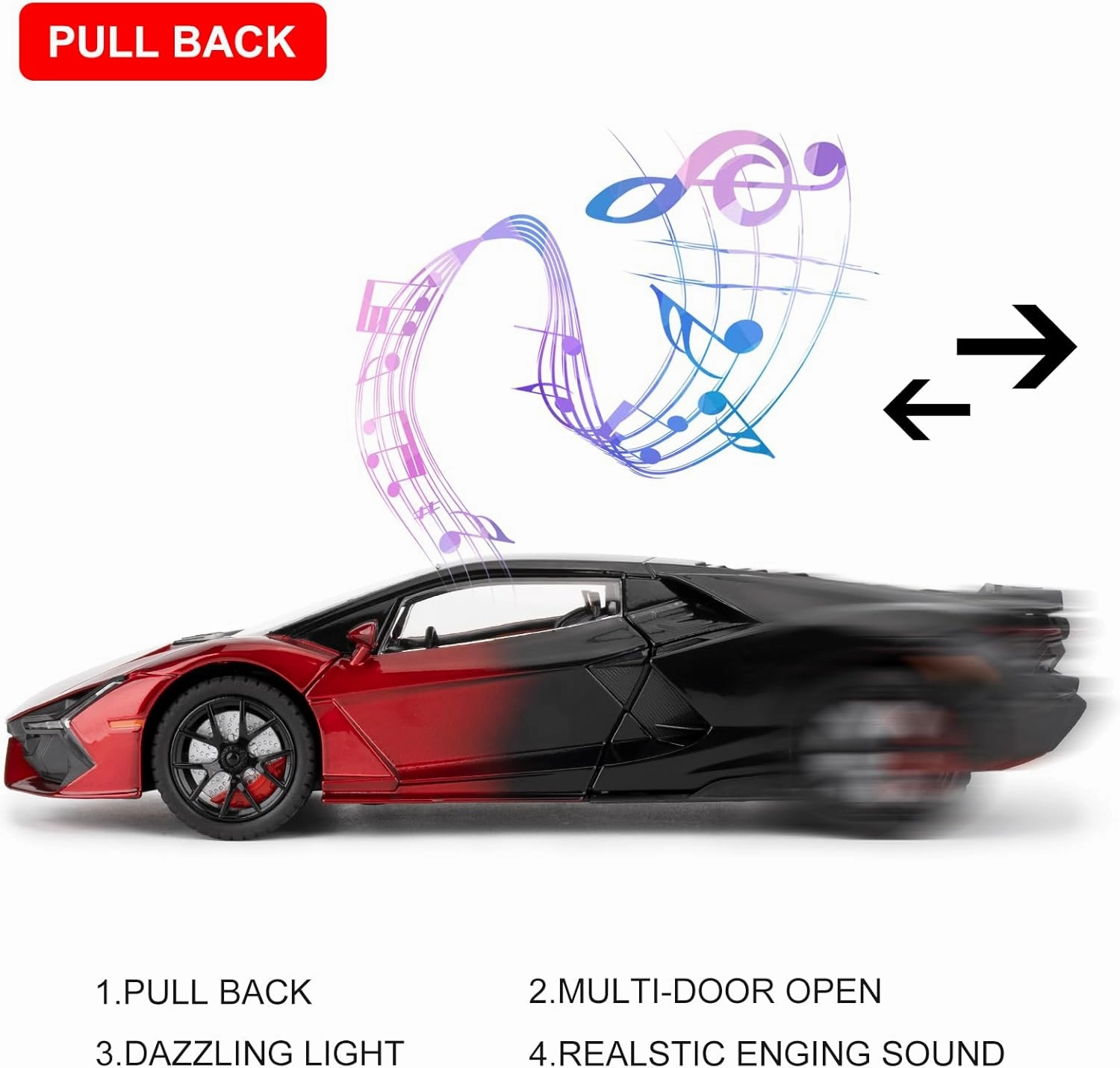 Lamborghini Reventon Toy car, 1/24 cast Model car with Sound, Light and Pullback, Collector's Model car, Gift for Children (red)